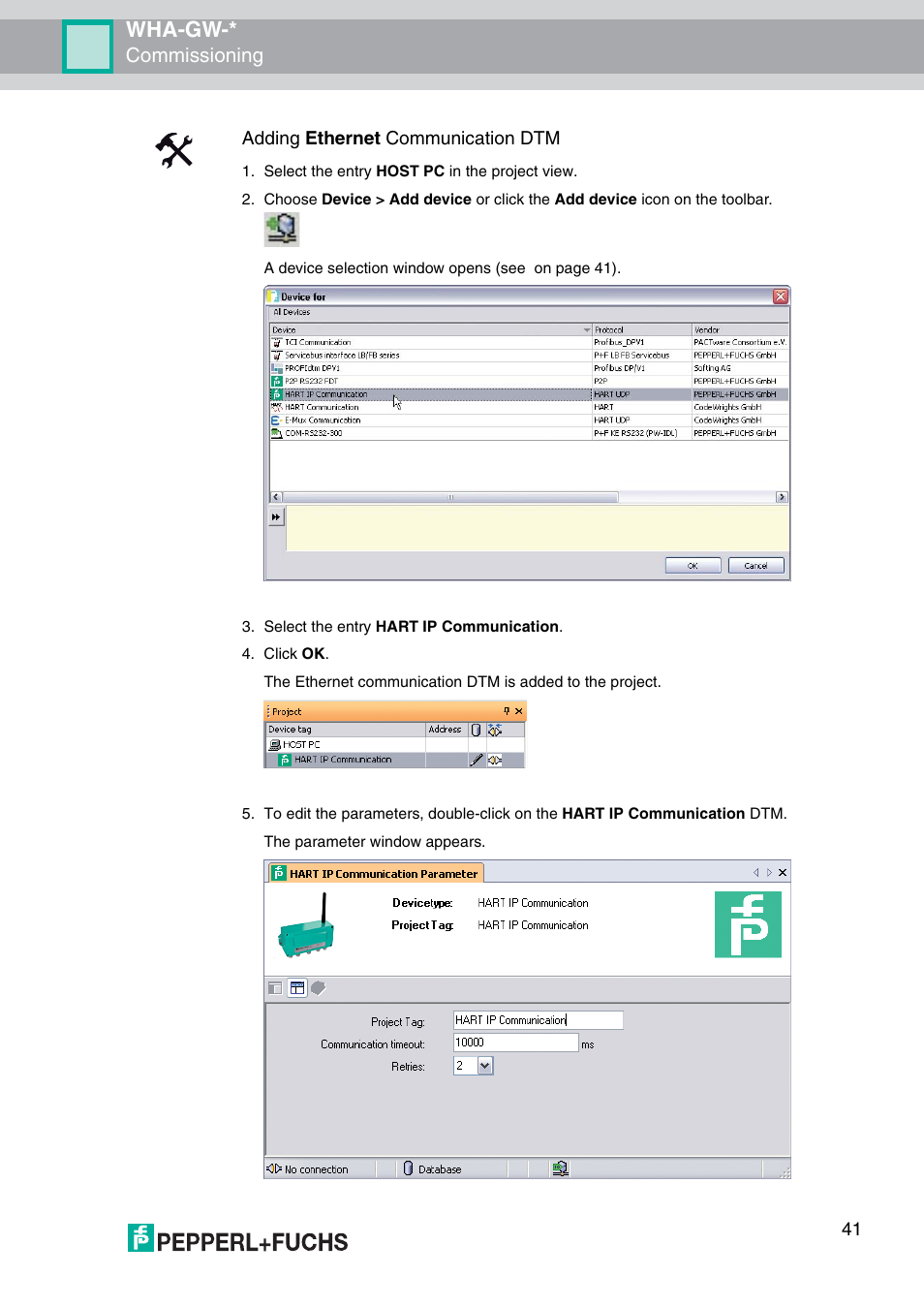 Wha-gw, Commissioning, 41 adding ethernet communication dtm | VEGA WHA-GW-WIRELESSHART GATEWAY User Manual | Page 41 / 96