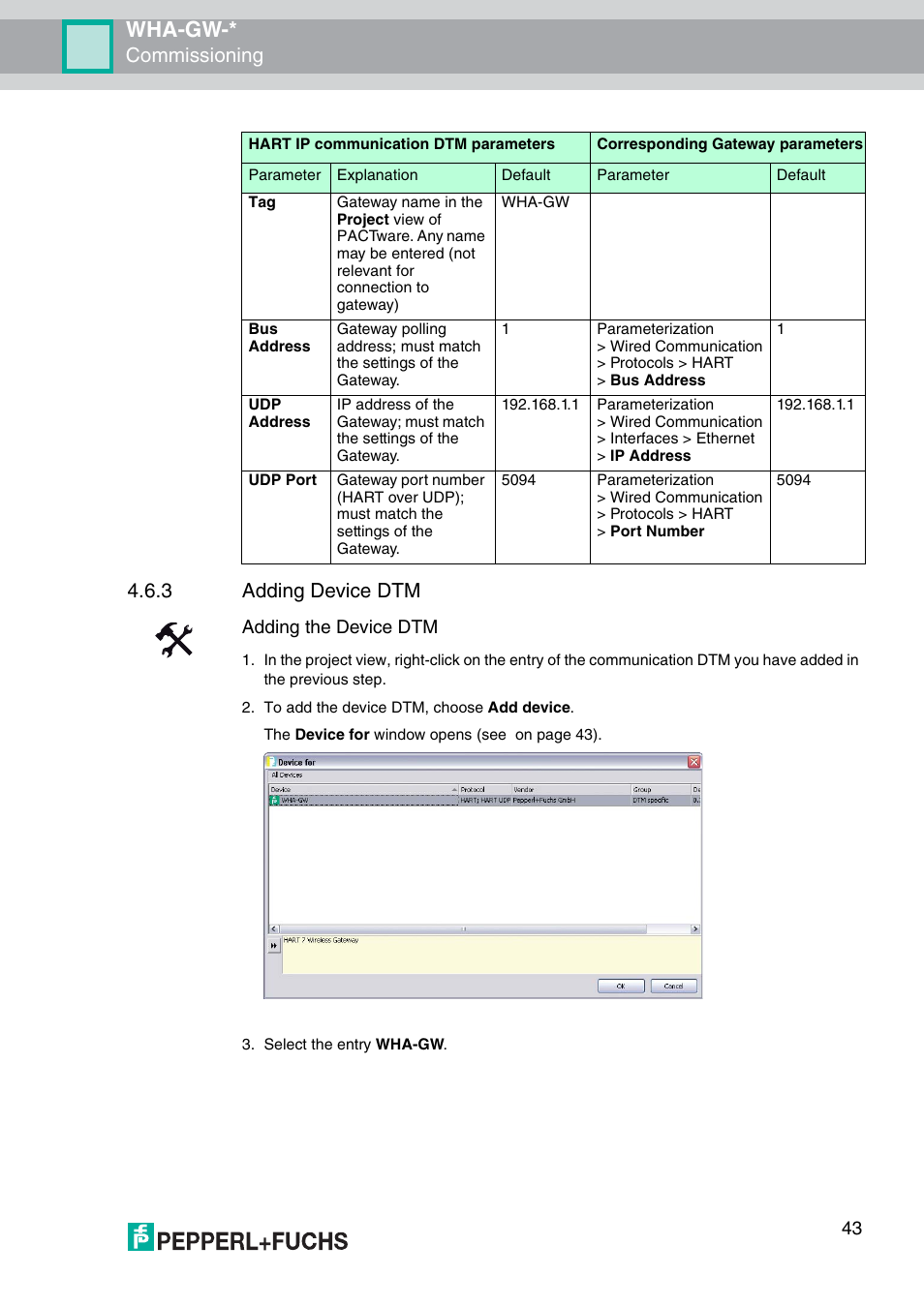 Wha-gw, Commissioning, 3 adding device dtm | Adding the device dtm | VEGA WHA-GW-WIRELESSHART GATEWAY User Manual | Page 43 / 96
