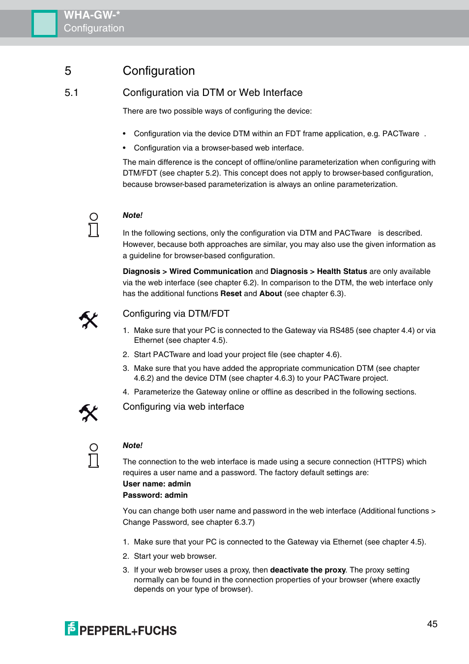 5 configuration, 1 configuration via dtm or web interface, R 5.1) | 5configuration, Wha-gw, Configuration, Configuring via dtm/fdt, Configuring via web interface | VEGA WHA-GW-WIRELESSHART GATEWAY User Manual | Page 45 / 96