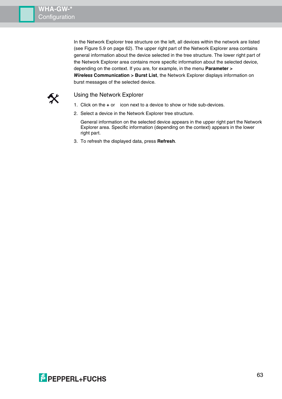 Wha-gw, Configuration, Using the network explorer | VEGA WHA-GW-WIRELESSHART GATEWAY User Manual | Page 63 / 96