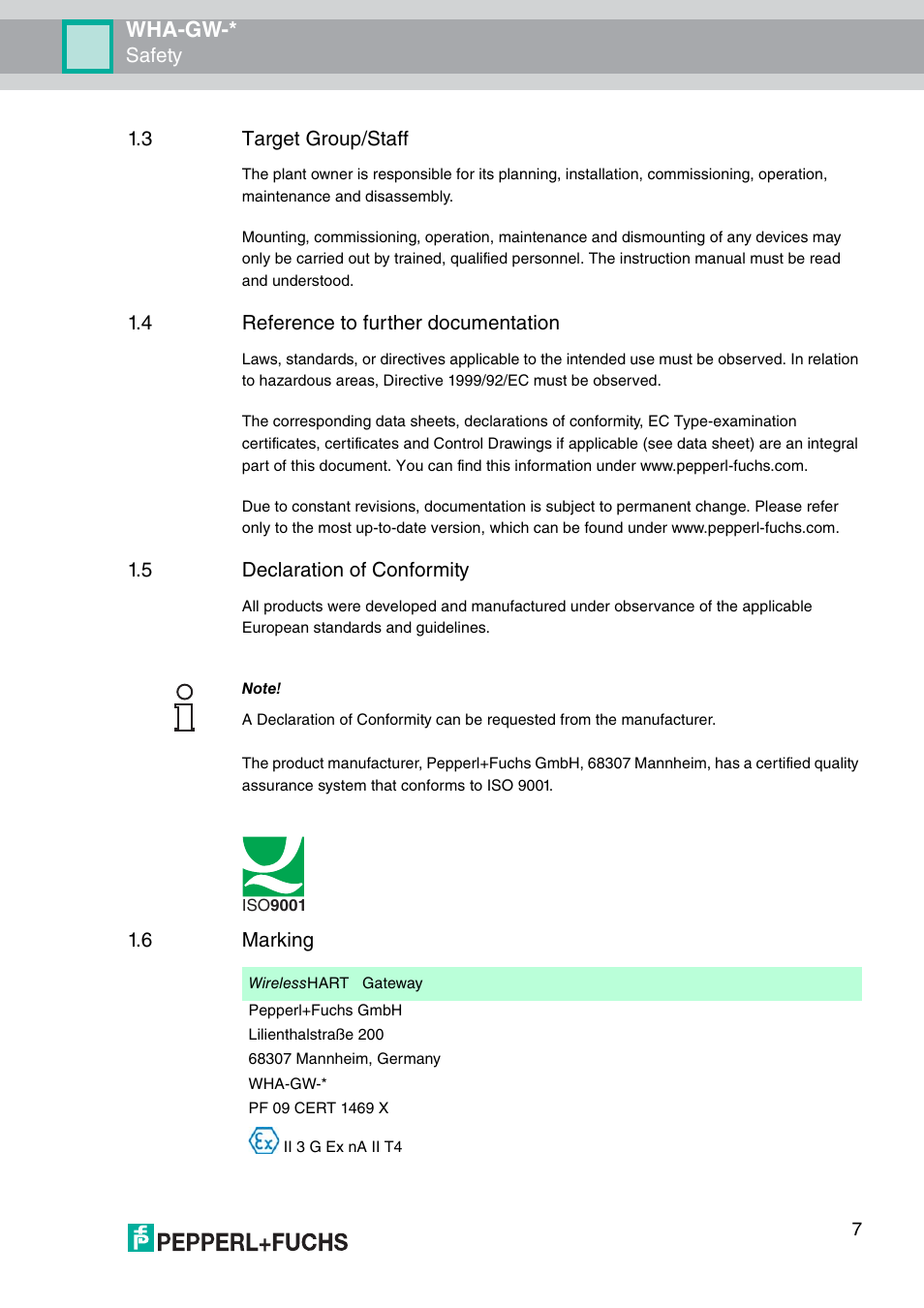 3 target group/staff, 4 reference to further documentation, 5 declaration of conformity | 6 marking, Wha-gw, Safety | VEGA WHA-GW-WIRELESSHART GATEWAY User Manual | Page 7 / 96