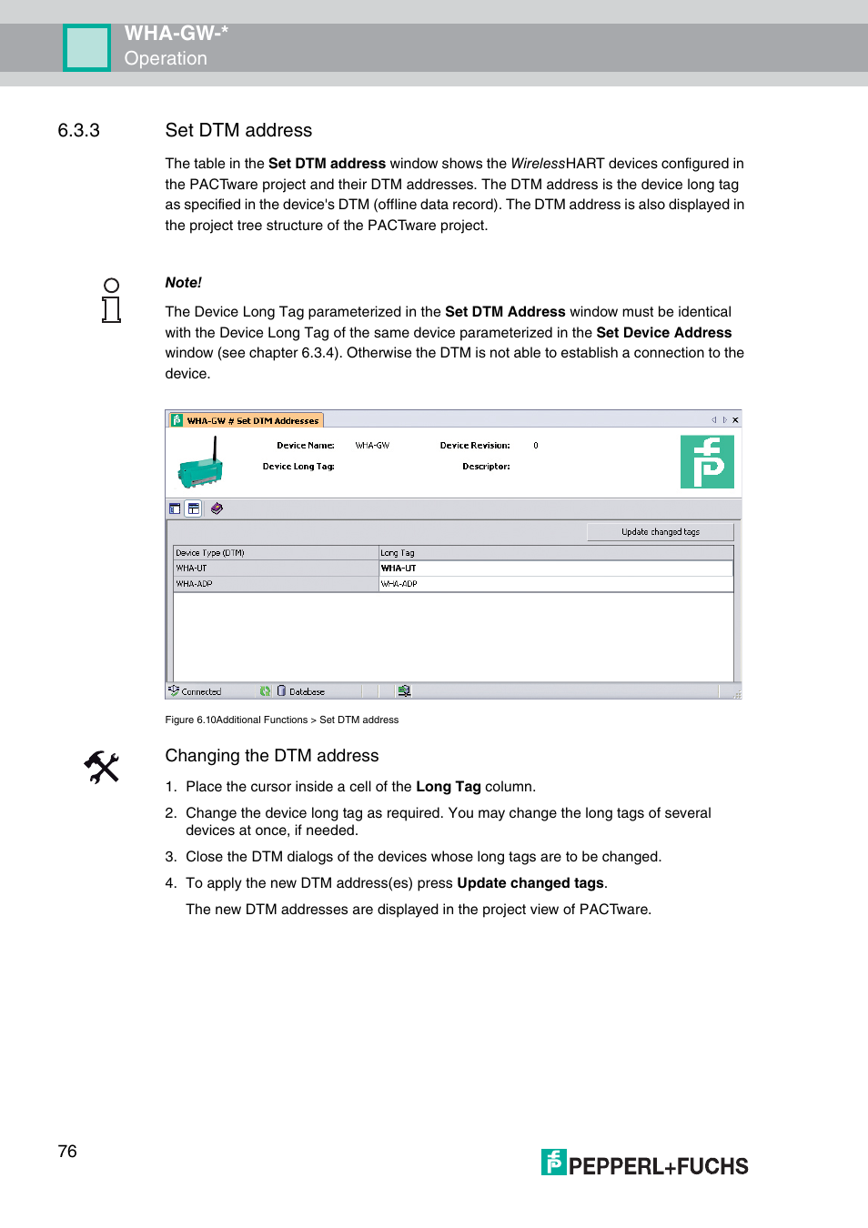 Wha-gw, Operation 6.3.3 set dtm address, Changing the dtm address | VEGA WHA-GW-WIRELESSHART GATEWAY User Manual | Page 76 / 96