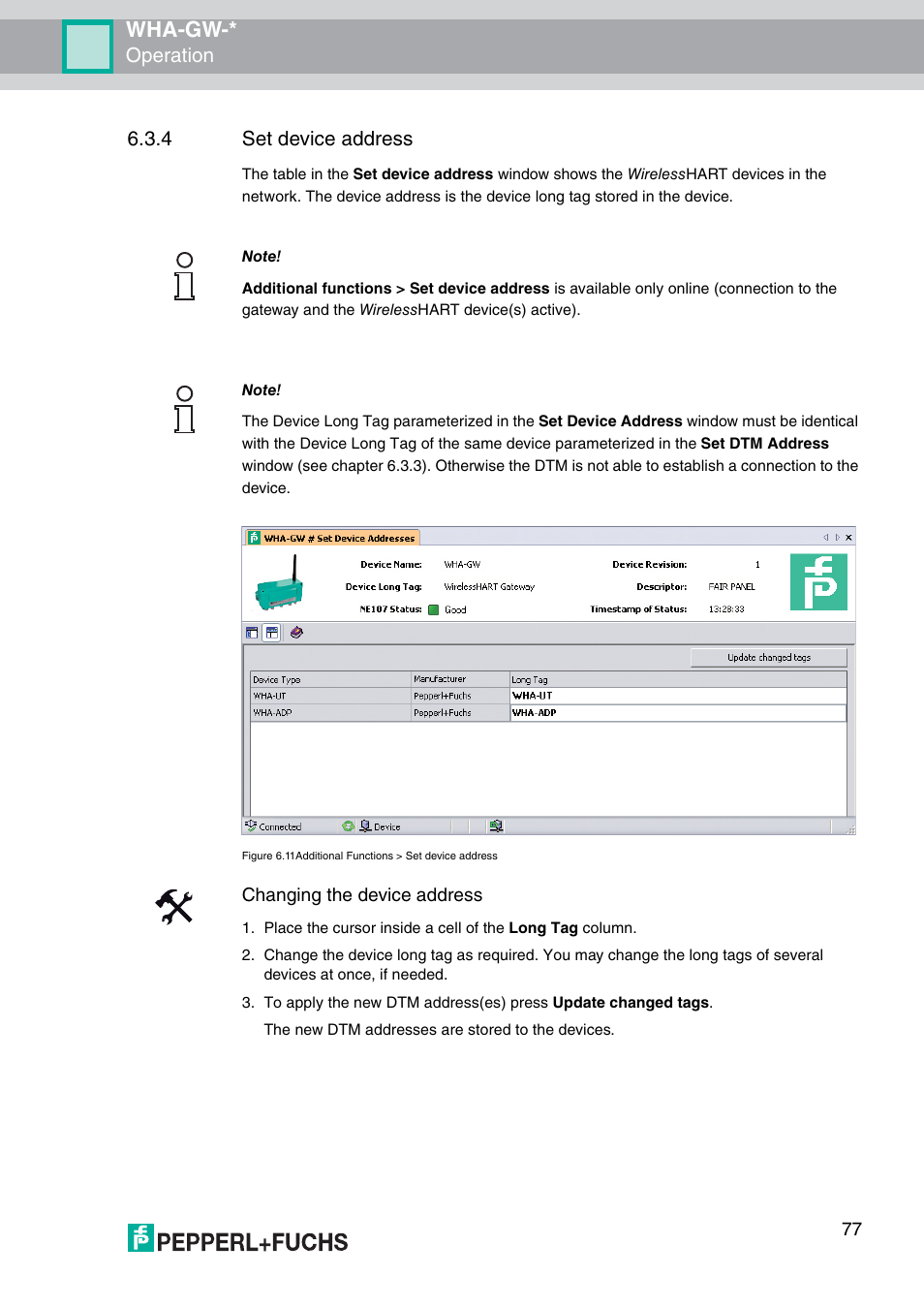 Wha-gw, Operation, 4 set device address | Changing the device address | VEGA WHA-GW-WIRELESSHART GATEWAY User Manual | Page 77 / 96