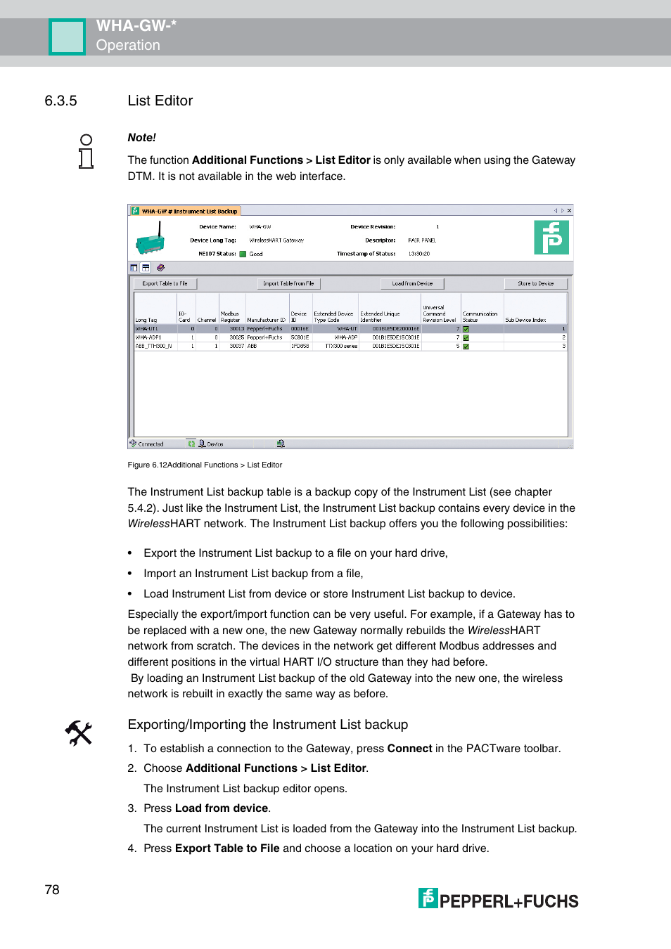 R 6.3.5), Wha-gw, Operation 6.3.5 list editor | Exporting/importing the instrument list backup | VEGA WHA-GW-WIRELESSHART GATEWAY User Manual | Page 78 / 96