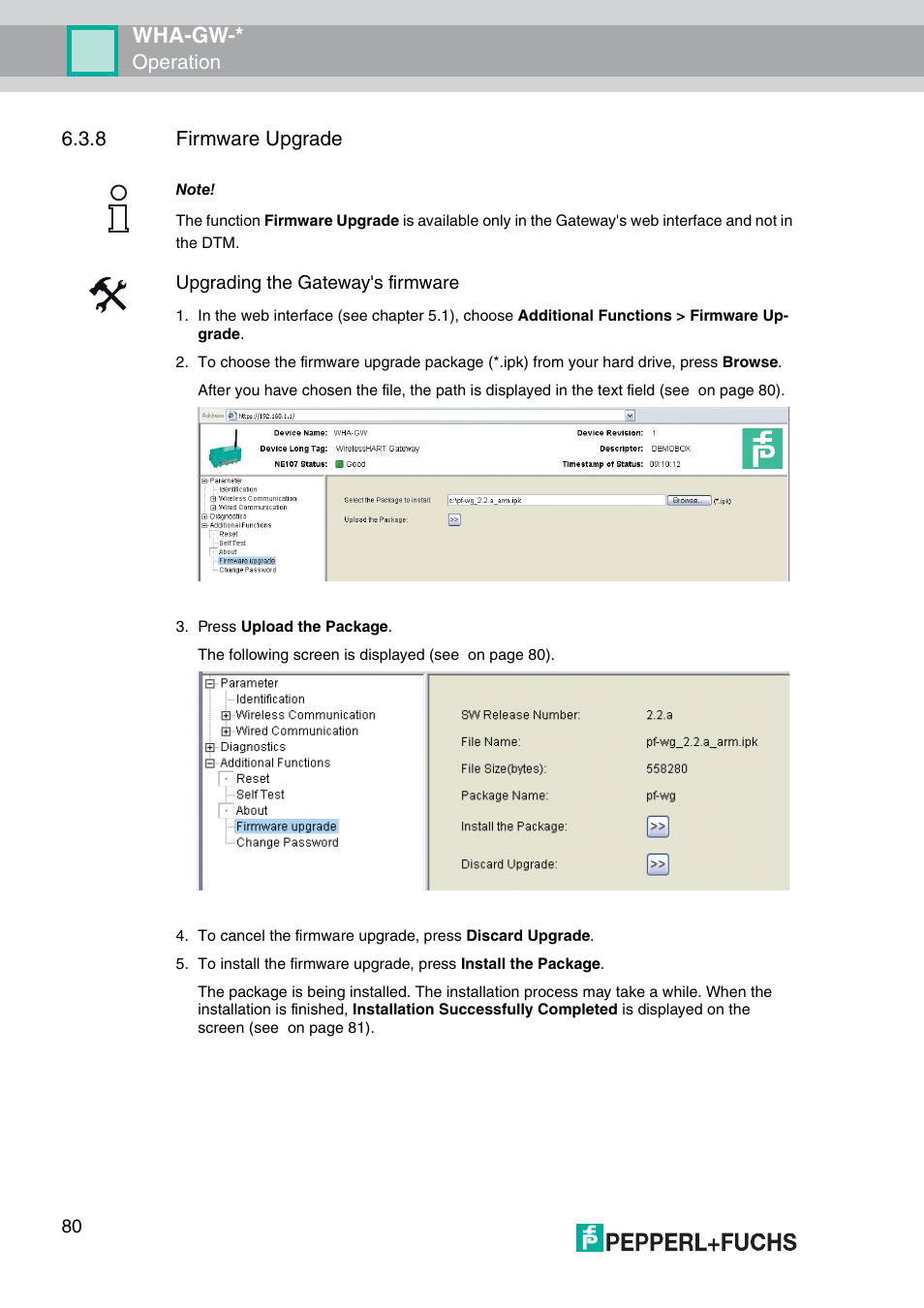 Wha-gw, Operation 6.3.8 firmware upgrade, Upgrading the gateway's firmware | VEGA WHA-GW-WIRELESSHART GATEWAY User Manual | Page 80 / 96