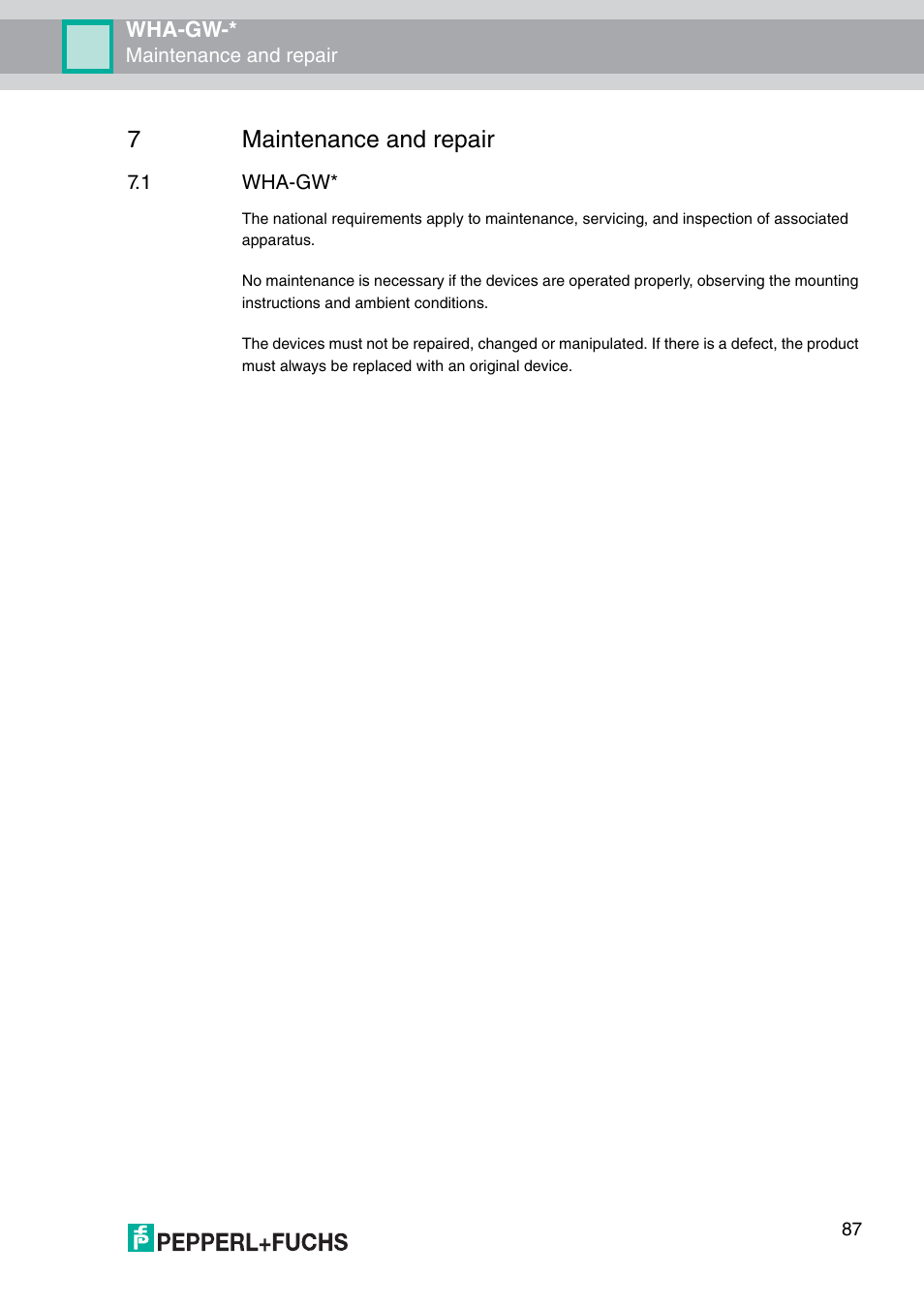 7 maintenance and repair, 1 wha-gw, 7maintenance and repair | Wha-gw, Maintenance and repair | VEGA WHA-GW-WIRELESSHART GATEWAY User Manual | Page 87 / 96