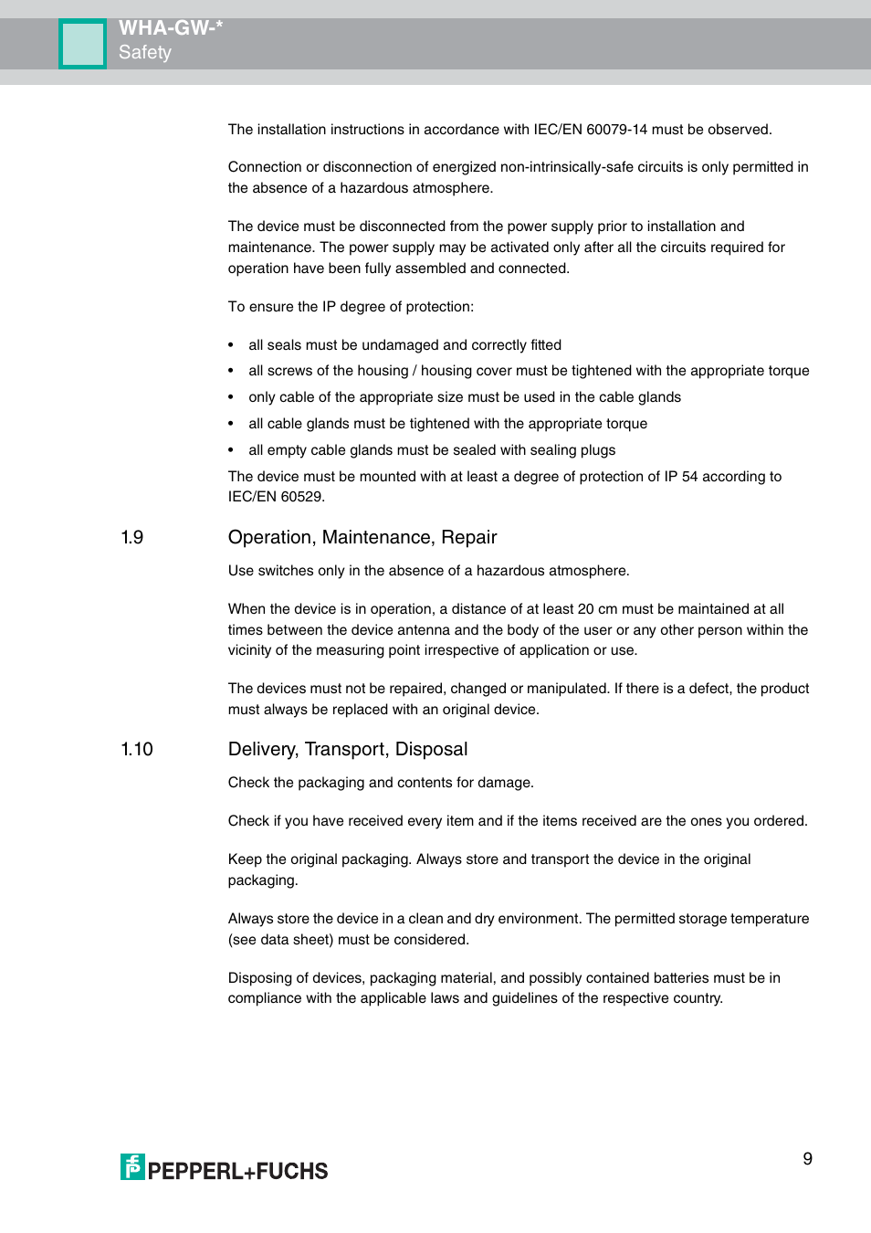 9 operation, maintenance, repair, 10 delivery, transport, disposal, Wha-gw | Safety | VEGA WHA-GW-WIRELESSHART GATEWAY User Manual | Page 9 / 96