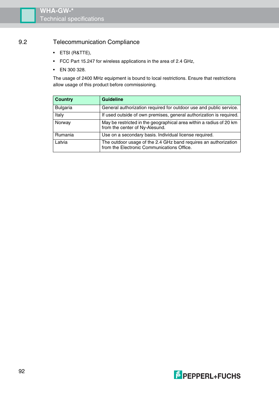 2 telecommunication compliance, Wha-gw | VEGA WHA-GW-WIRELESSHART GATEWAY User Manual | Page 92 / 96