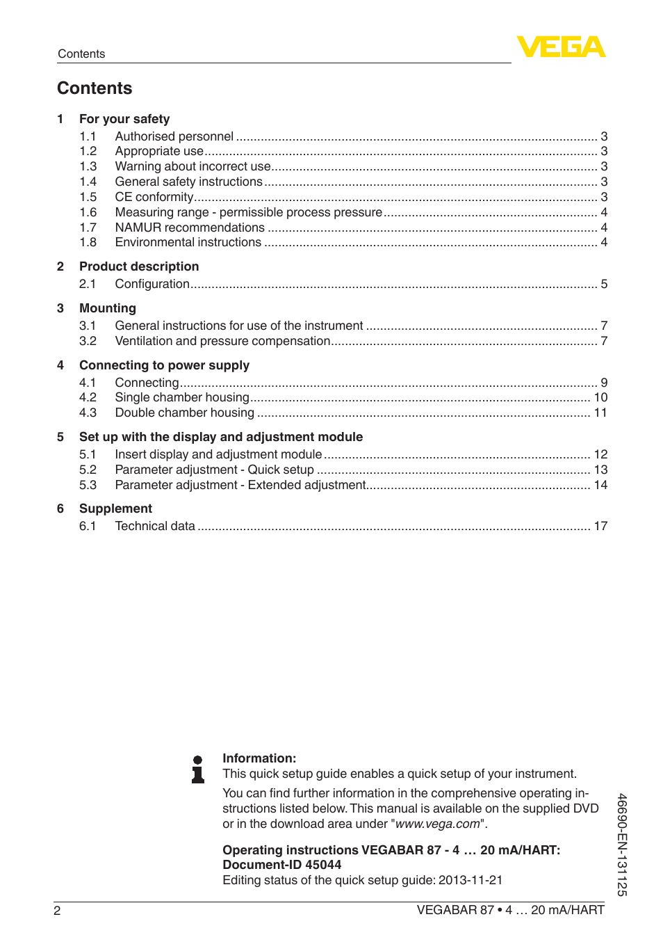VEGA VEGABAR 87 4 … 20 mA_HART - Quick setup guide User Manual | Page 2 / 20