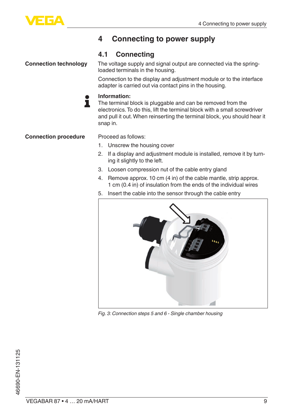 4 connecting to power supply, 1 connecting | VEGA VEGABAR 87 4 … 20 mA_HART - Quick setup guide User Manual | Page 9 / 20