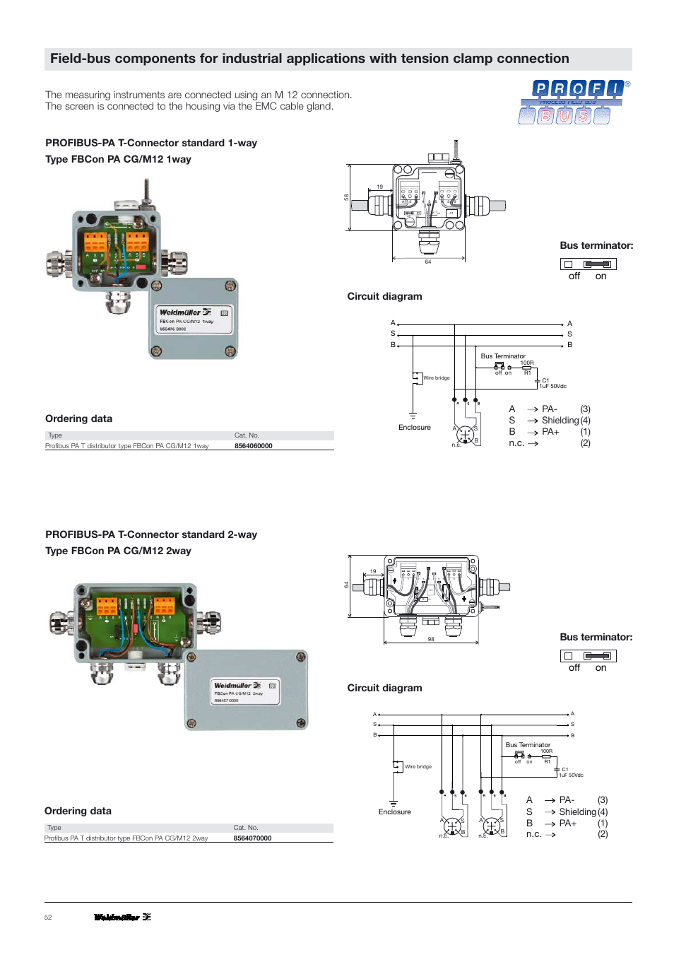 Off on bus terminator, Ordering data, Apa- (3) s shielding (4) b pa+ (1) n.c. (2) | VEGA PROFIBUS PA T-Connector User Manual | Page 3 / 8