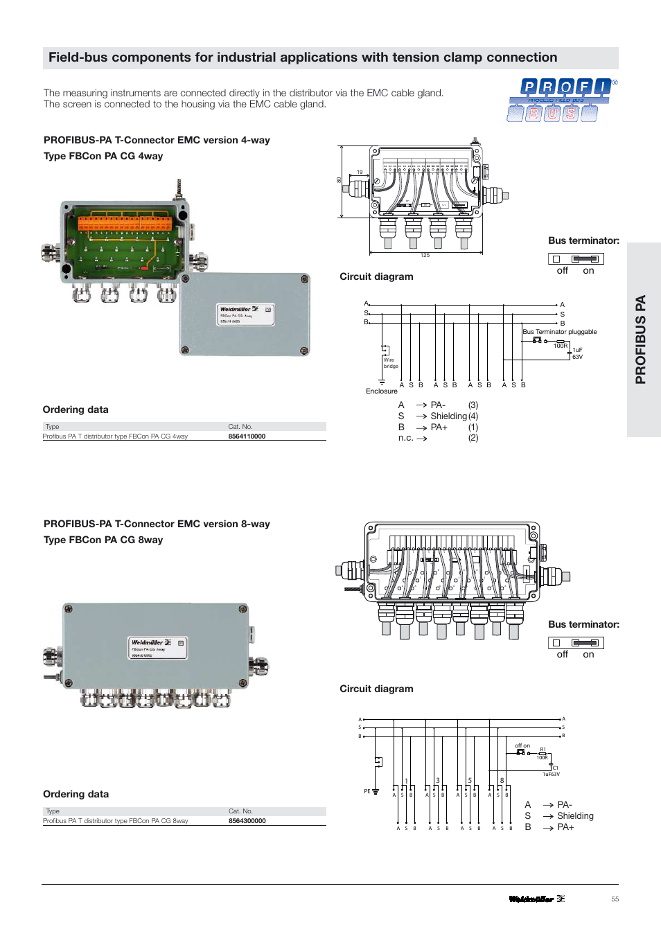 Profibus p a, Off on bus terminator, Ordering data | Apa- (3) s shielding (4) b pa+ (1) n.c. (2), Apa- s shielding b pa | VEGA PROFIBUS PA T-Connector User Manual | Page 6 / 8