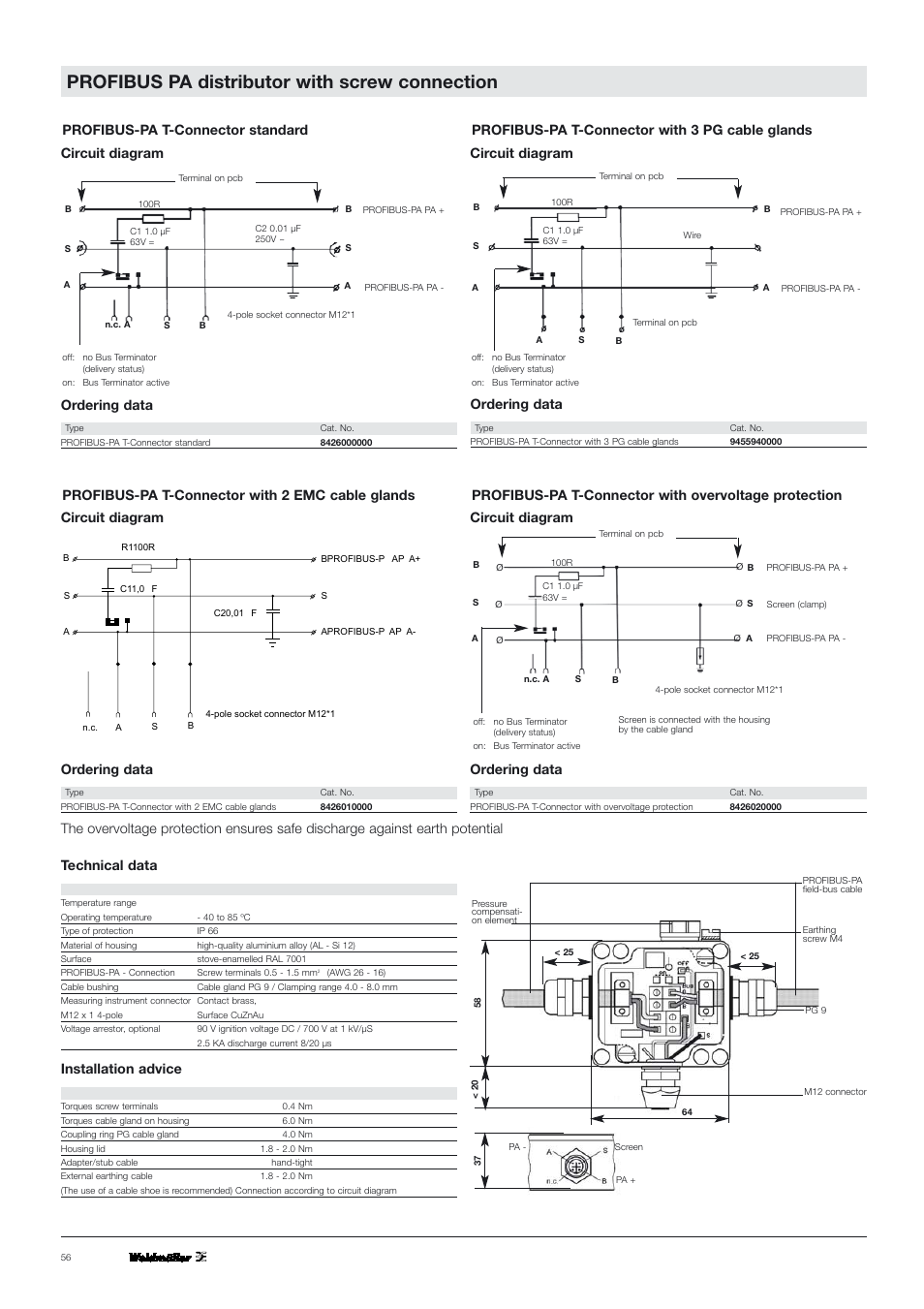 Profibus pa distributor with screw connection, Circuit diagram, Technical data | Installation advice, Ordering data | VEGA PROFIBUS PA T-Connector User Manual | Page 7 / 8