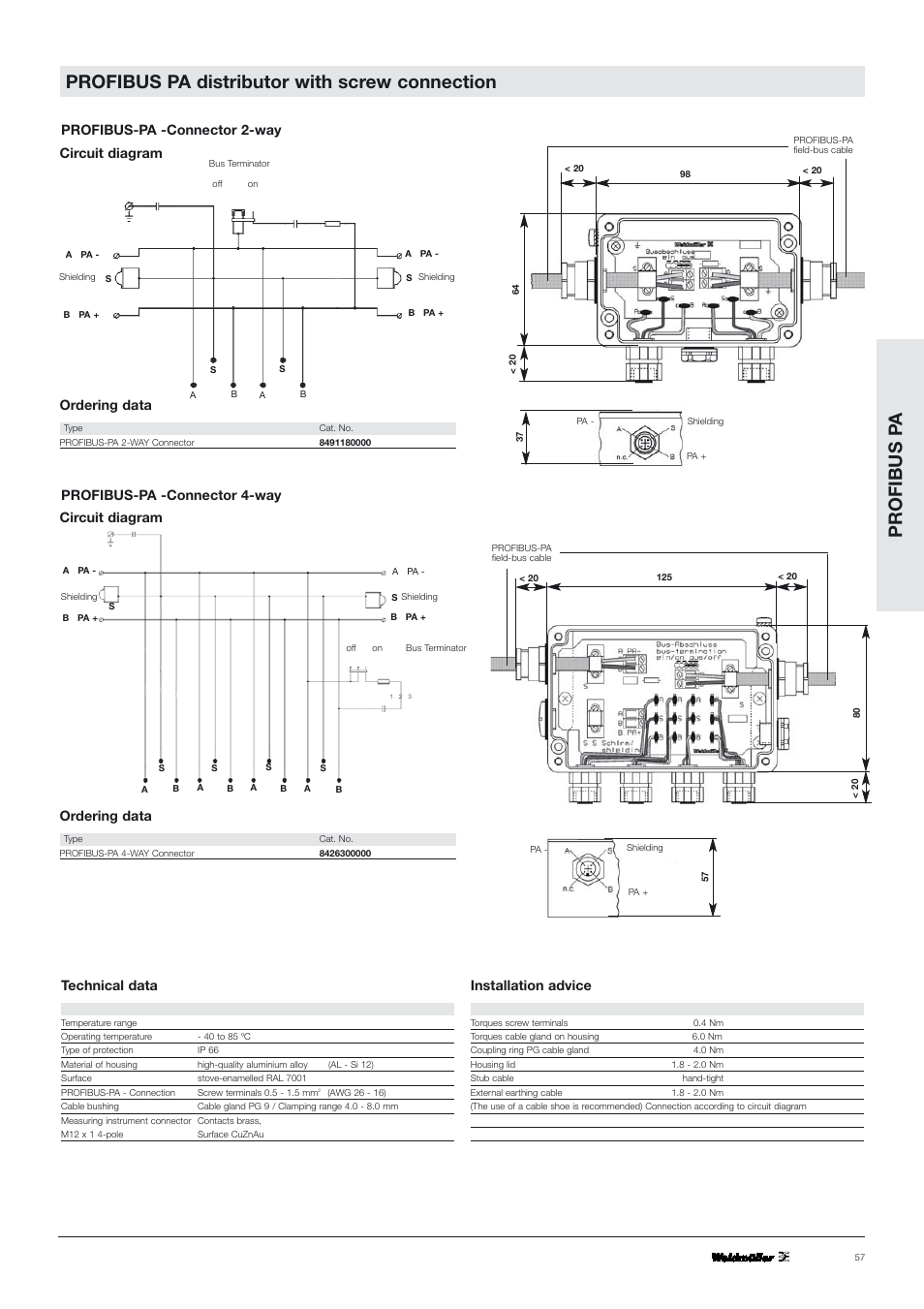 Profibus p a, Profibus pa distributor with screw connection, Technical data | Installation advice, Circuit diagram, Circuit diagram ordering data, Ordering data | VEGA PROFIBUS PA T-Connector User Manual | Page 8 / 8