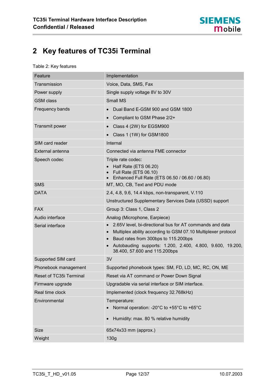 Key features of tc35i terminal, Table 2: key features, 2 key features of tc35i terminal | Confidential / released | Siemens TC35i User Manual | Page 12 / 37