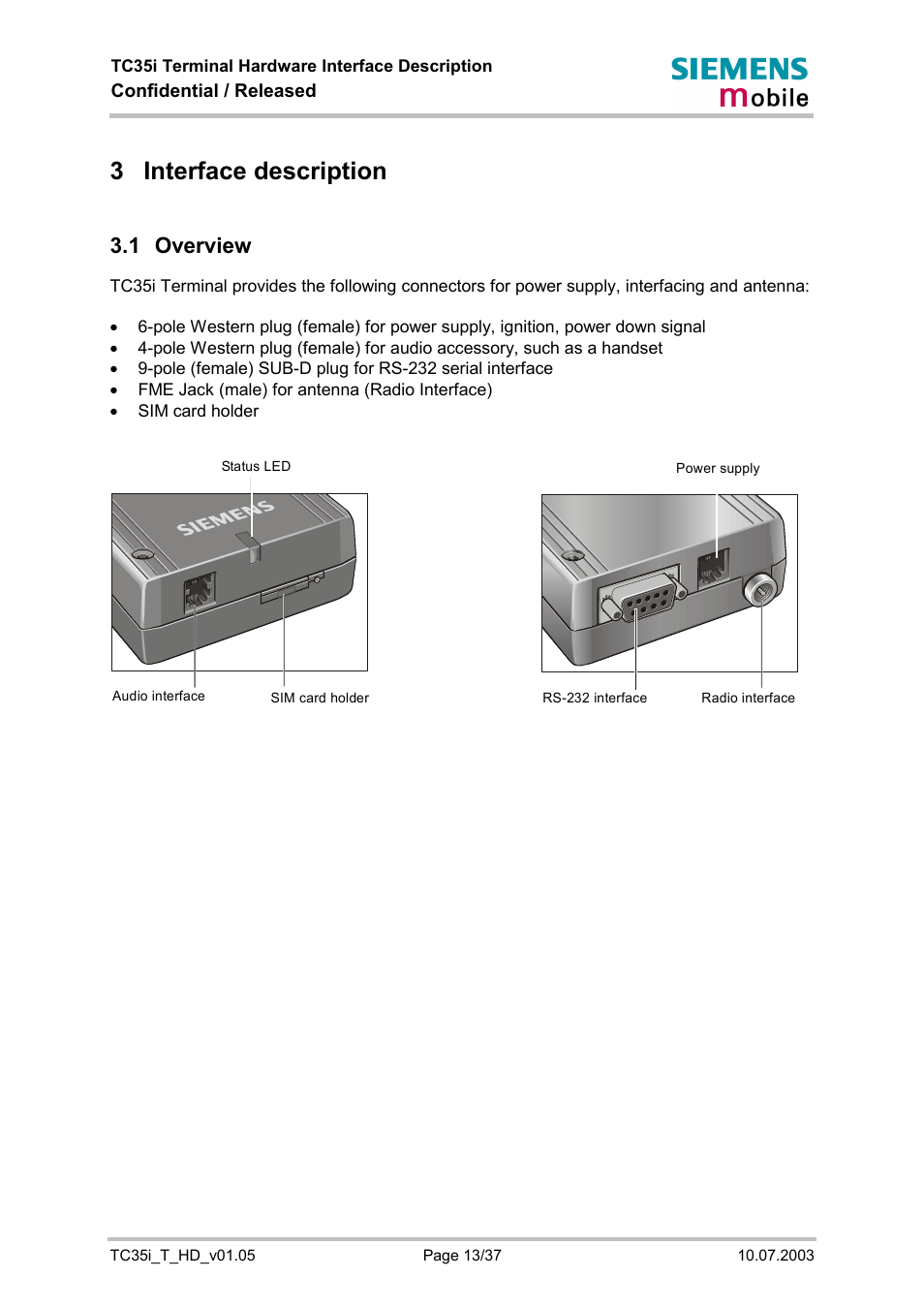 Interface description, Overview, 3 interface description | 1 overview | Siemens TC35i User Manual | Page 13 / 37