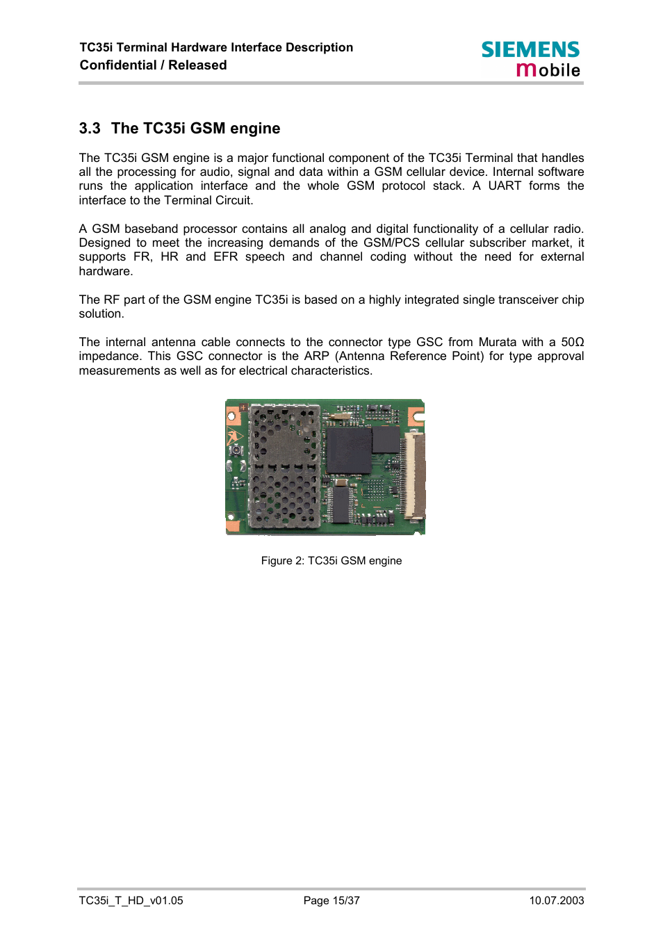 The tc35i gsm engine, Figure 2: tc35i gsm engine, 3 the tc35i gsm engine | Siemens TC35i User Manual | Page 15 / 37