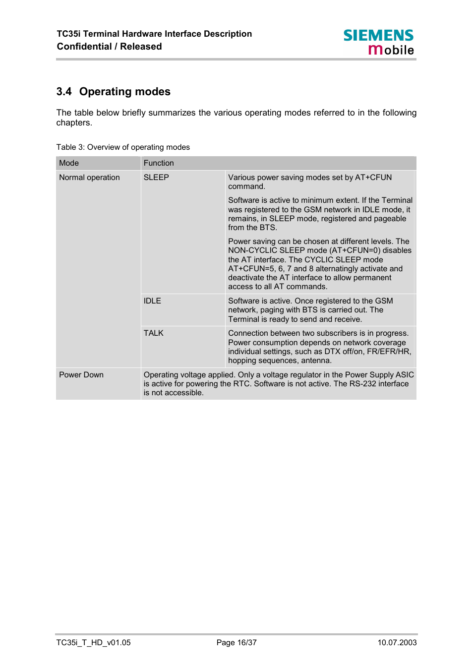 Operating modes, Table 3: overview of operating modes, 4 operating modes | Confidential / released | Siemens TC35i User Manual | Page 16 / 37