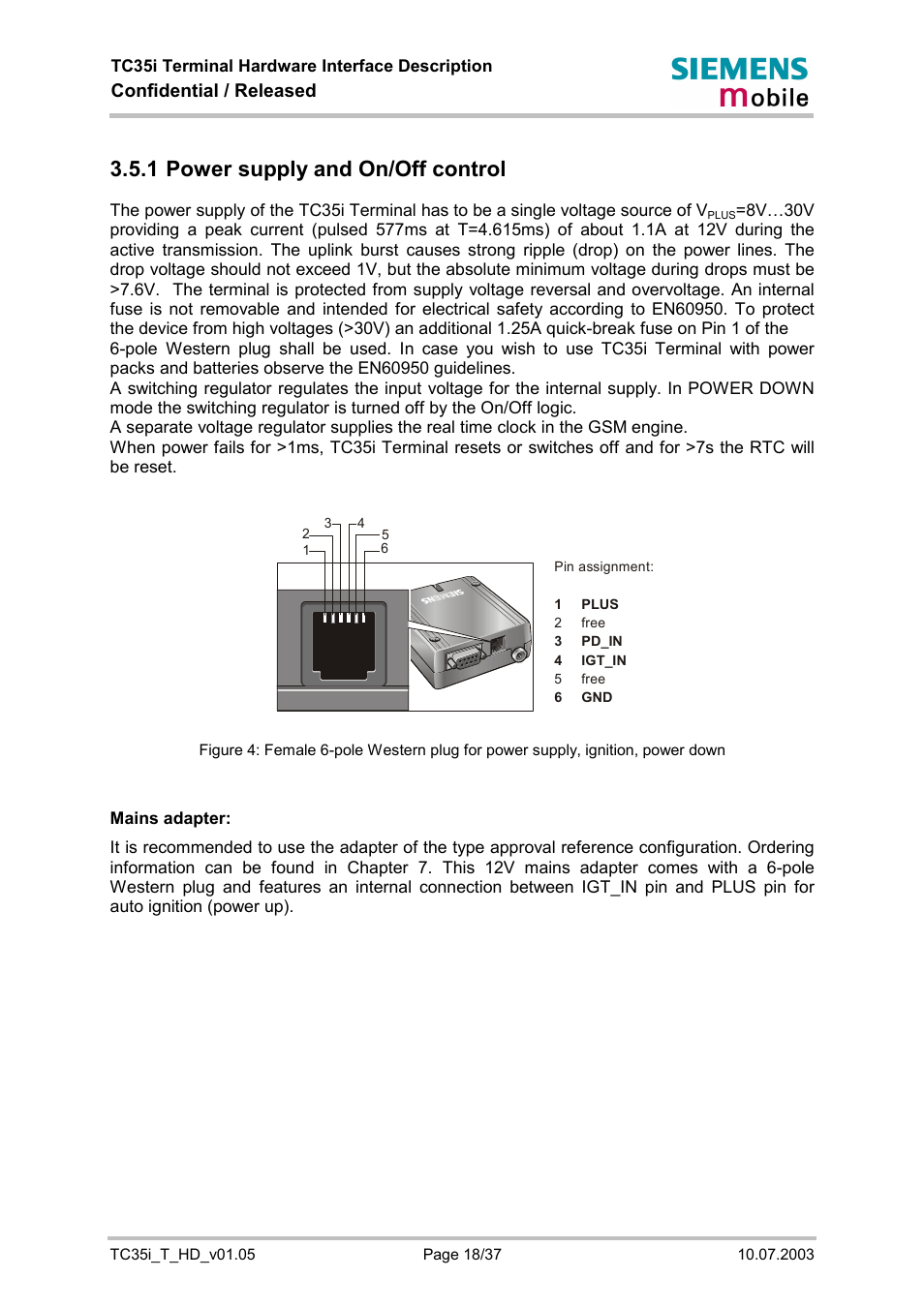 Power supply and on/off control, 1 power supply and on/off control, Confidential / released | Siemens TC35i User Manual | Page 18 / 37