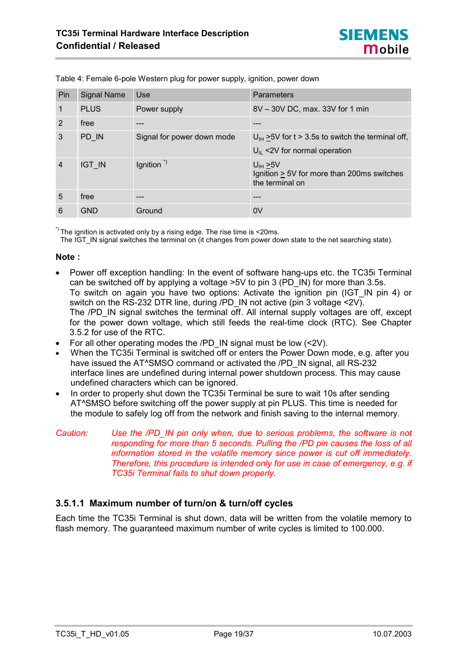 Maximum number of turn/on & turn/off cycles, Confidential / released, 1 maximum number of turn/on & turn/off cycles | Siemens TC35i User Manual | Page 19 / 37