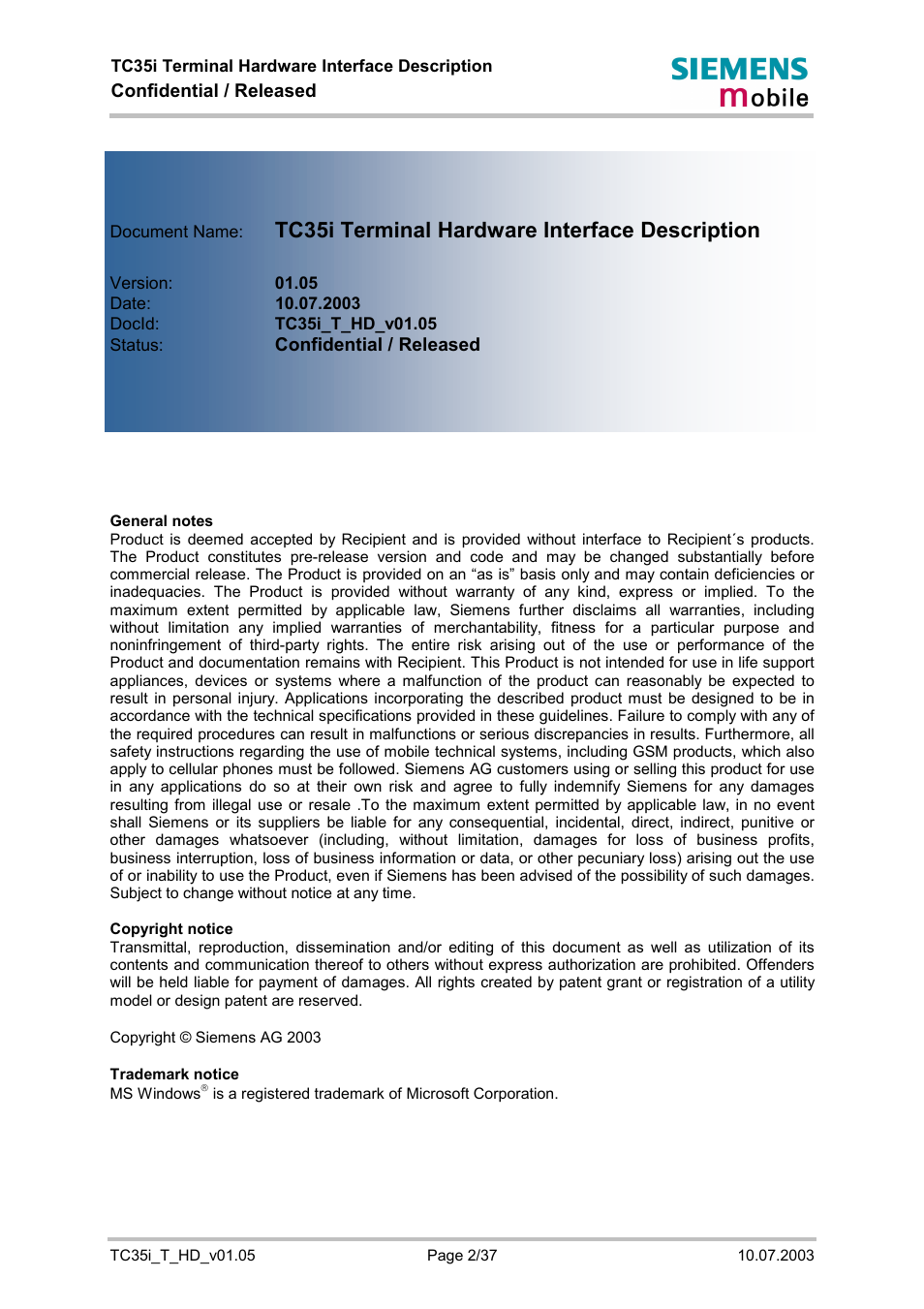 Siemens TC35i User Manual | Page 2 / 37