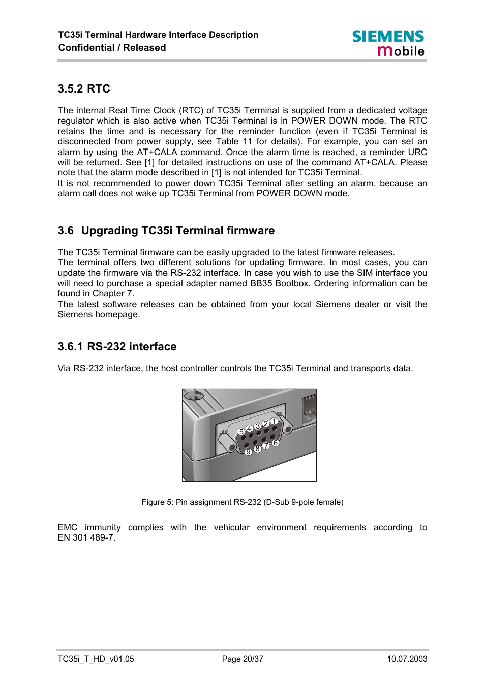 Upgrading tc35i terminal firmware, Rs-232 interface, 2 rtc | 6 upgrading tc35i terminal firmware, 1 rs-232 interface | Siemens TC35i User Manual | Page 20 / 37