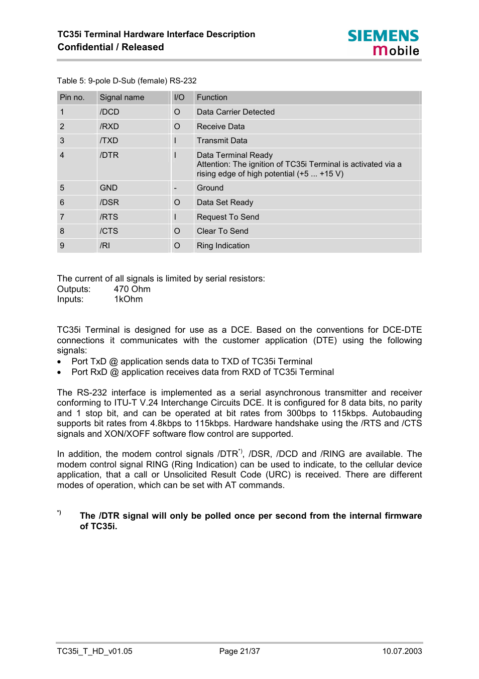 Table 5: 9-pole d-sub (female) rs-232, Confidential / released | Siemens TC35i User Manual | Page 21 / 37