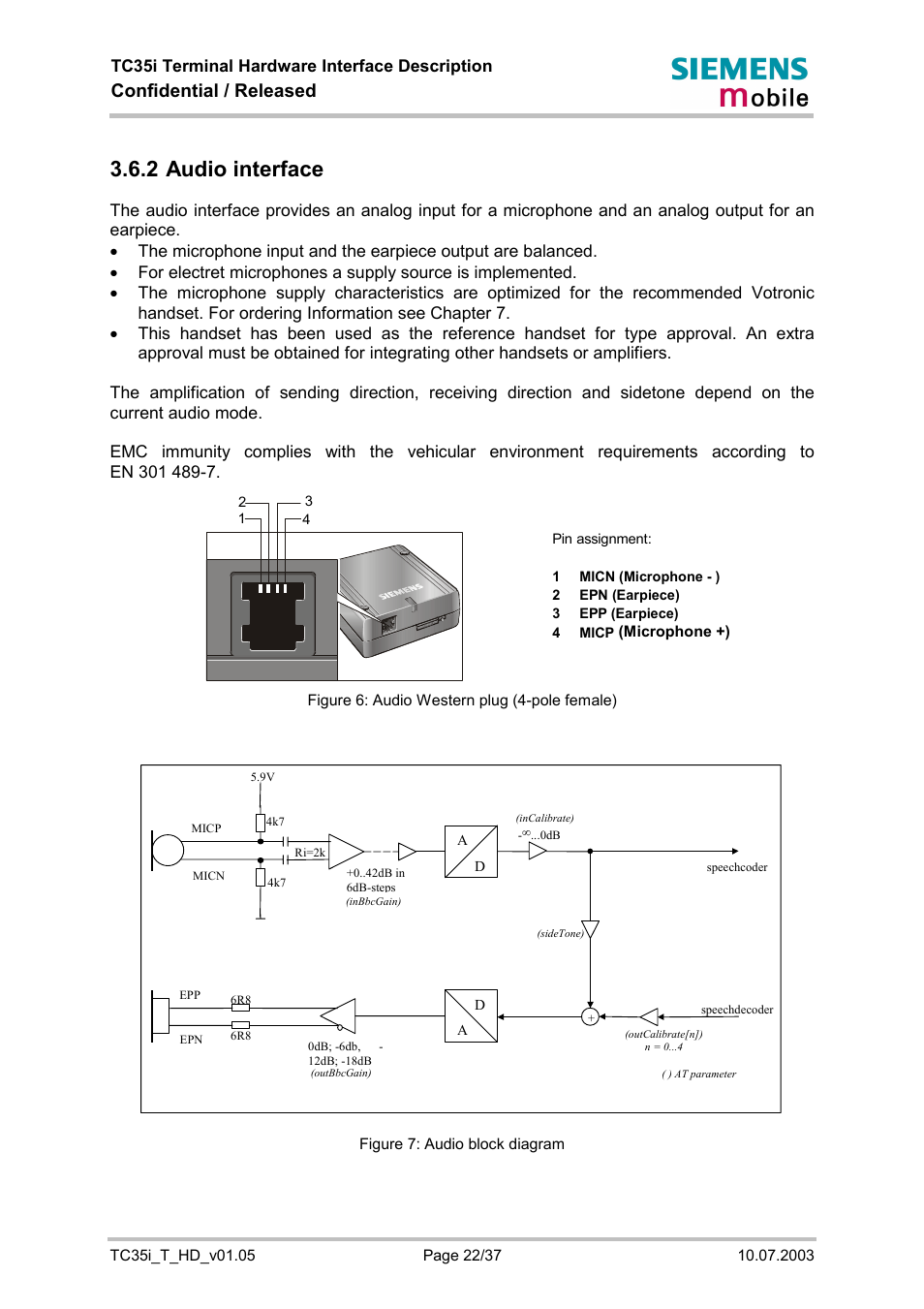 Audio interface, 2 audio interface, Confidential / released | Siemens TC35i User Manual | Page 22 / 37