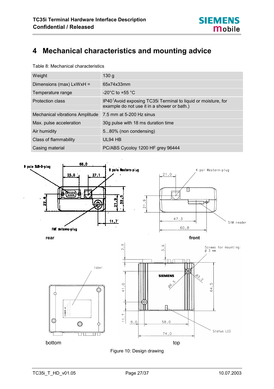 Mechanical characteristics and mounting advice, Bottomtop, Figure 10: design drawing | Table 8: mechanical characteristics, 4 mechanical characteristics and mounting advice, Confidential / released | Siemens TC35i User Manual | Page 27 / 37