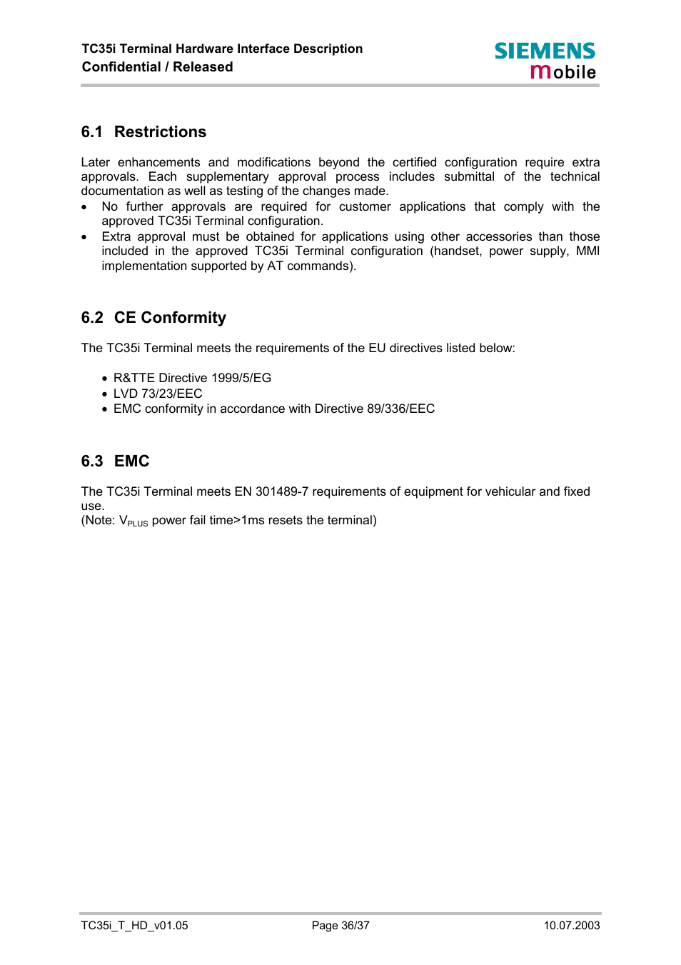 Restrictions, Ce conformity, 1 restrictions | 2 ce conformity, 3 emc | Siemens TC35i User Manual | Page 36 / 37