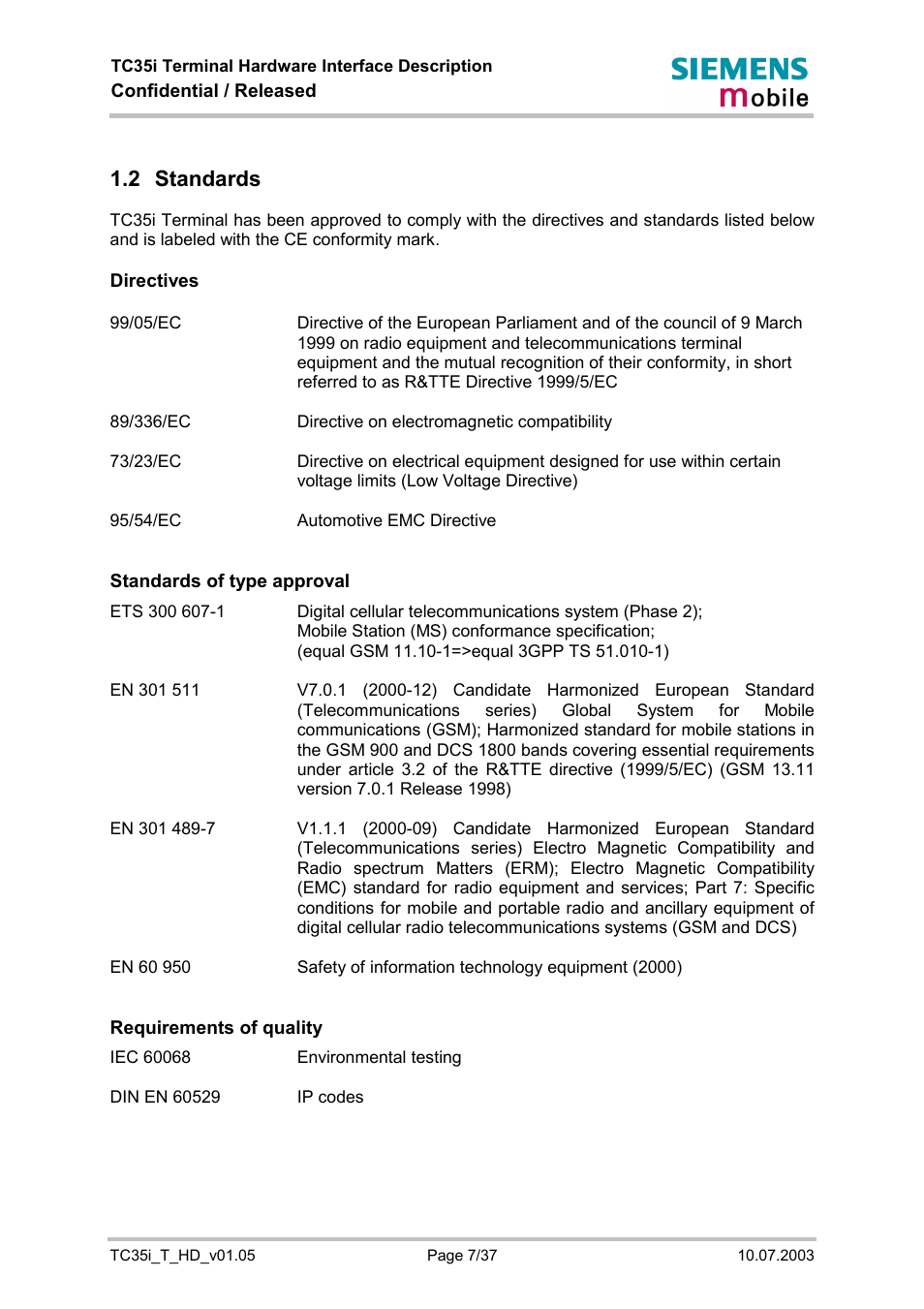 Standards, 2 standards | Siemens TC35i User Manual | Page 7 / 37