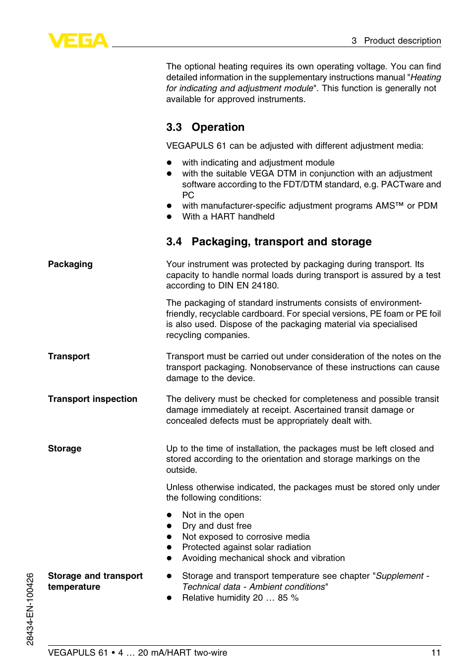 3 operation, 4 packaging, transport and storage | VEGA VEGAPULS 61 (≥ 2.0.0 - ≤ 3.8) 4 … 20 mA__HART two-wire User Manual | Page 11 / 72