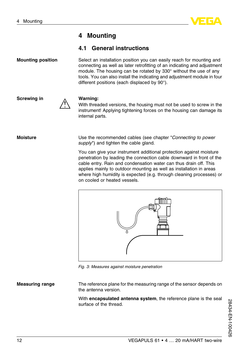 4 mounting, 1 general instructions, 4mounting | VEGA VEGAPULS 61 (≥ 2.0.0 - ≤ 3.8) 4 … 20 mA__HART two-wire User Manual | Page 12 / 72