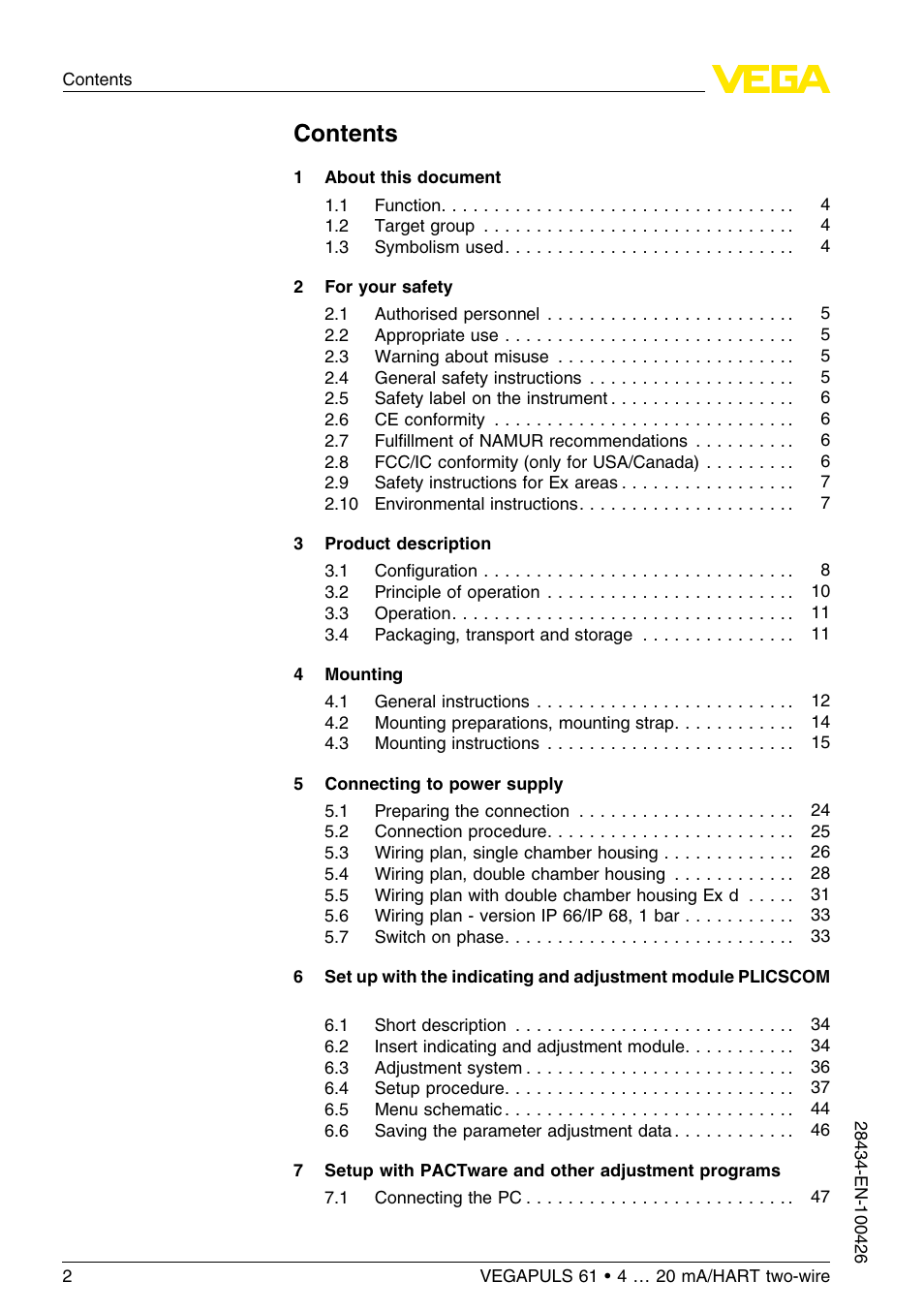 VEGA VEGAPULS 61 (≥ 2.0.0 - ≤ 3.8) 4 … 20 mA__HART two-wire User Manual | Page 2 / 72