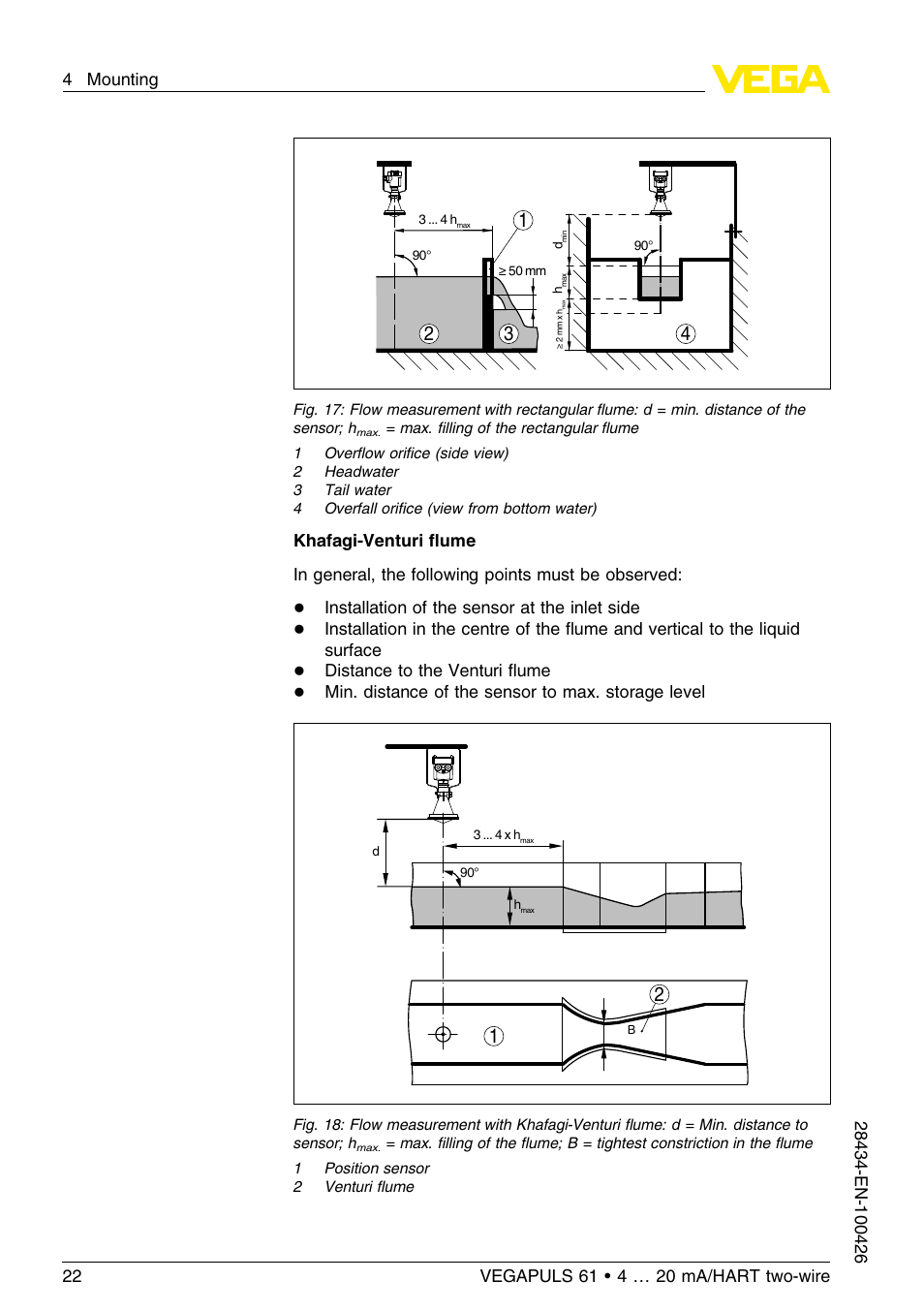 Installation of the sensor at the inlet side, Distance to the venturi ﬂume, Min. distance of the sensor to max. storage level | VEGA VEGAPULS 61 (≥ 2.0.0 - ≤ 3.8) 4 … 20 mA__HART two-wire User Manual | Page 22 / 72