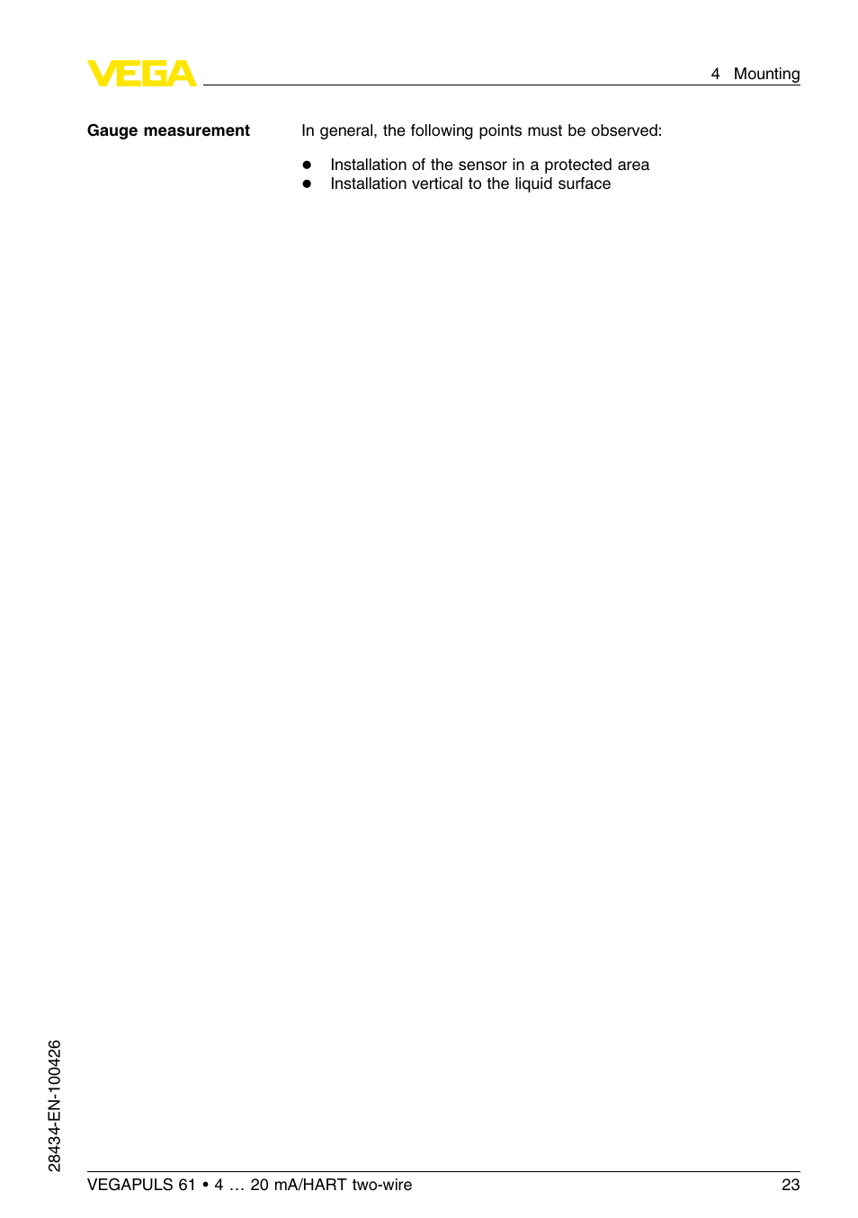 VEGA VEGAPULS 61 (≥ 2.0.0 - ≤ 3.8) 4 … 20 mA__HART two-wire User Manual | Page 23 / 72