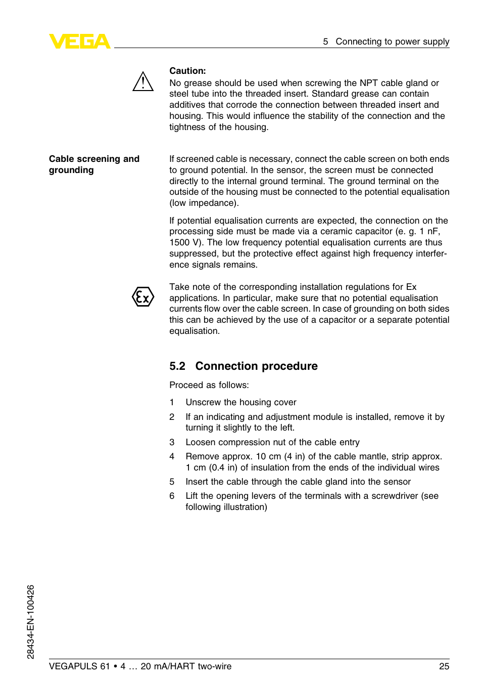 2 connection procedure | VEGA VEGAPULS 61 (≥ 2.0.0 - ≤ 3.8) 4 … 20 mA__HART two-wire User Manual | Page 25 / 72
