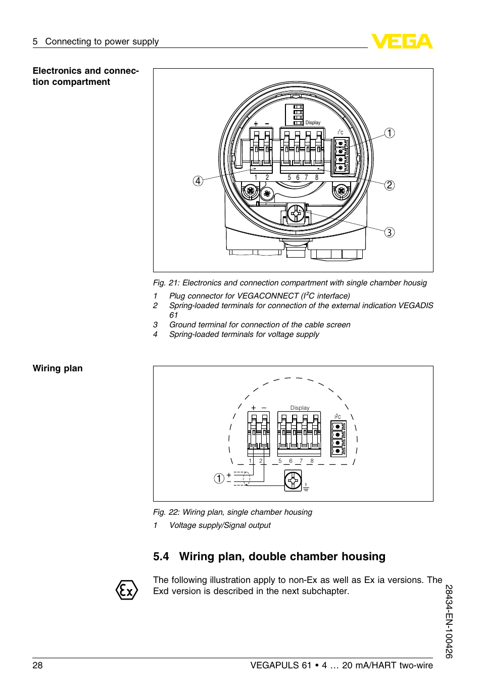 4 wiring plan, double chamber housing | VEGA VEGAPULS 61 (≥ 2.0.0 - ≤ 3.8) 4 … 20 mA__HART two-wire User Manual | Page 28 / 72