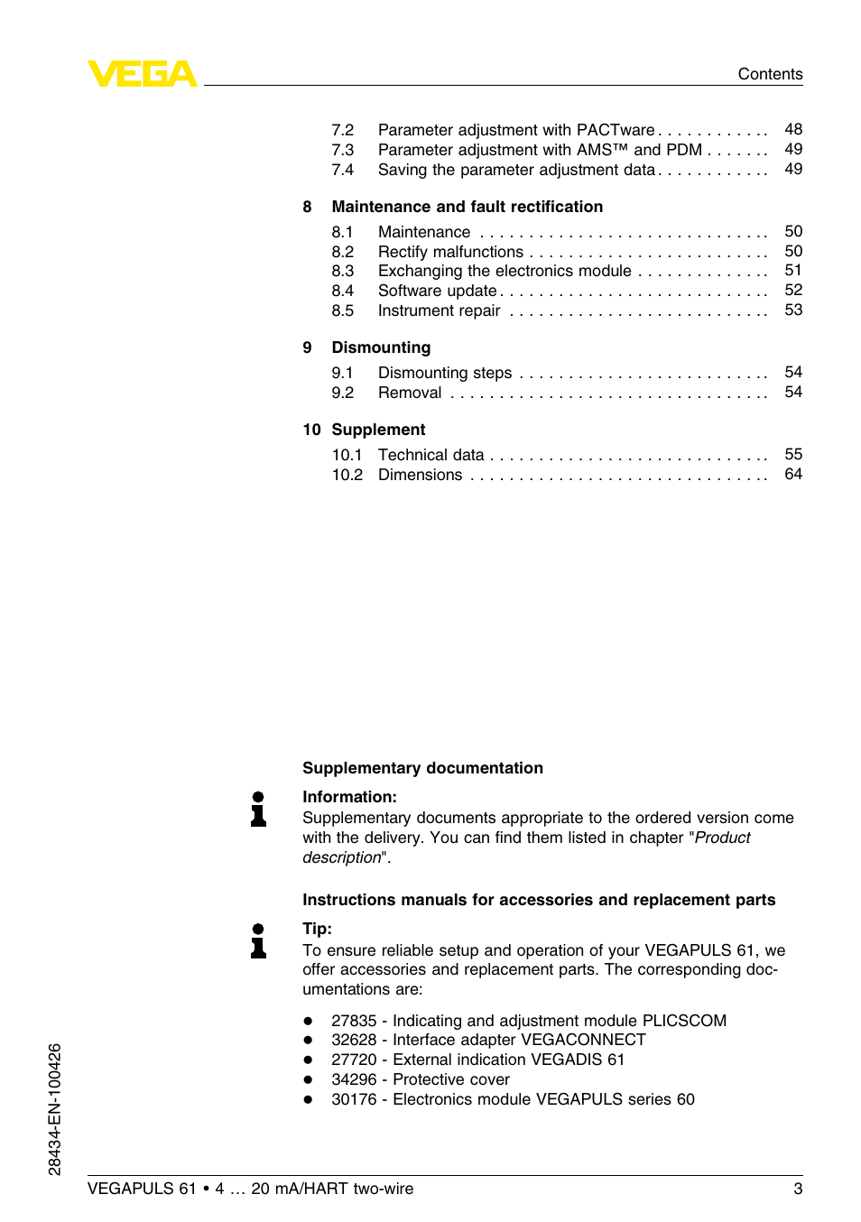 VEGA VEGAPULS 61 (≥ 2.0.0 - ≤ 3.8) 4 … 20 mA__HART two-wire User Manual | Page 3 / 72