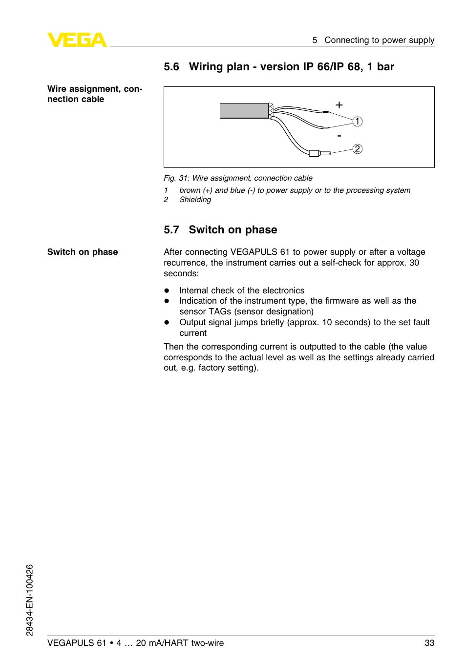 6 wiring plan – version ip66/ip68, 1bar, 7 switch on phase | VEGA VEGAPULS 61 (≥ 2.0.0 - ≤ 3.8) 4 … 20 mA__HART two-wire User Manual | Page 33 / 72