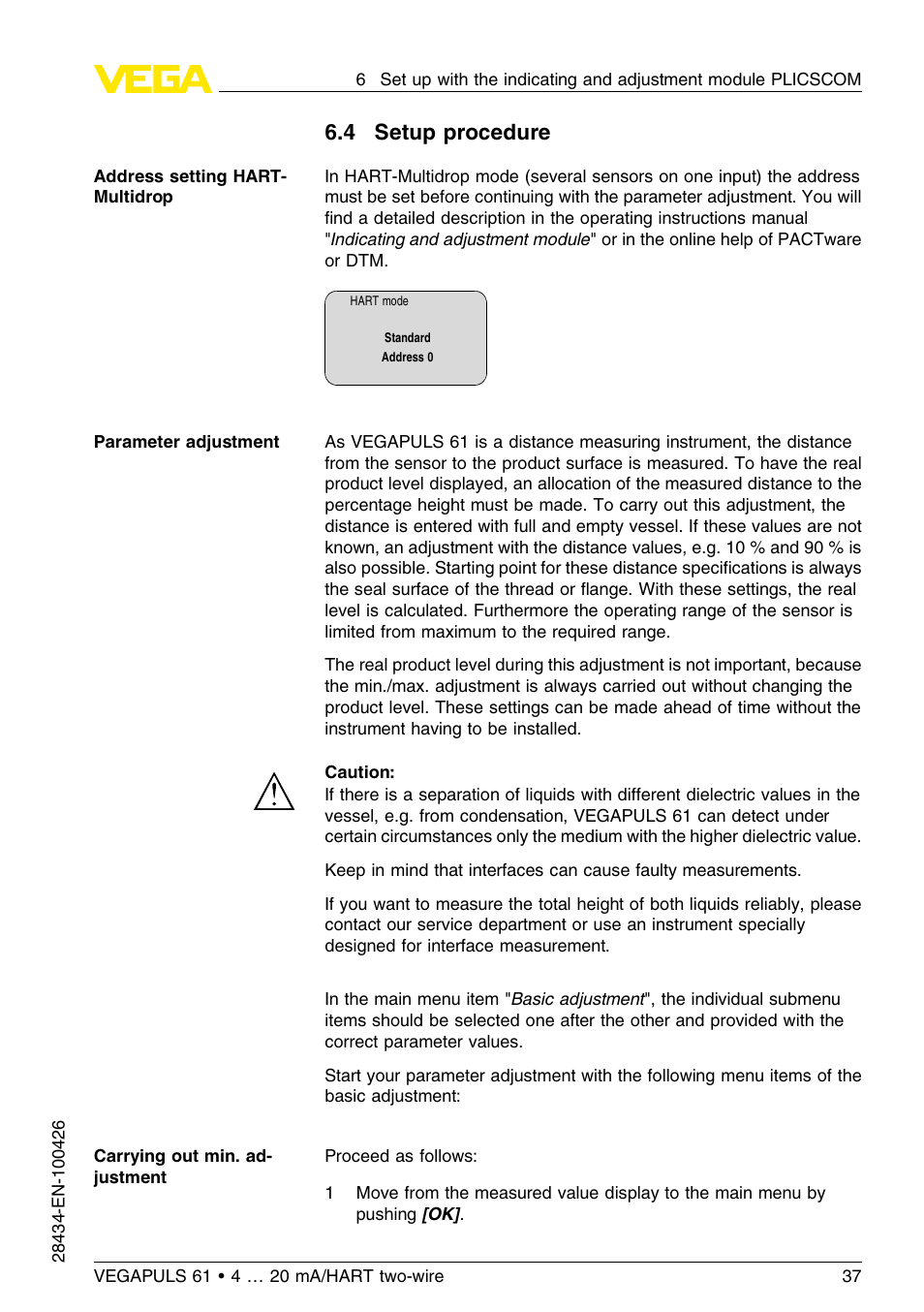 4 setup procedure | VEGA VEGAPULS 61 (≥ 2.0.0 - ≤ 3.8) 4 … 20 mA__HART two-wire User Manual | Page 37 / 72