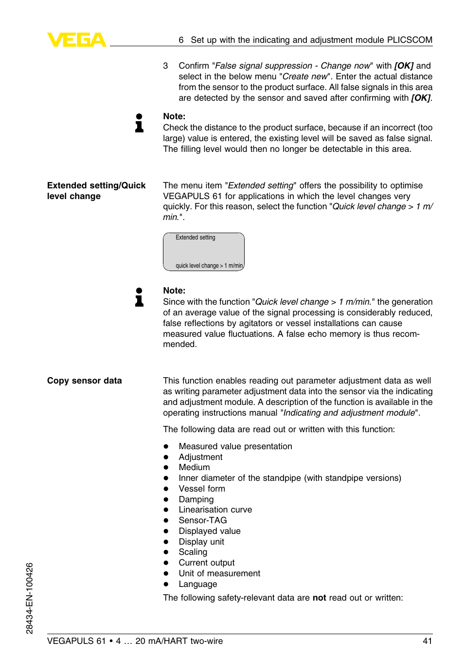 VEGA VEGAPULS 61 (≥ 2.0.0 - ≤ 3.8) 4 … 20 mA__HART two-wire User Manual | Page 41 / 72