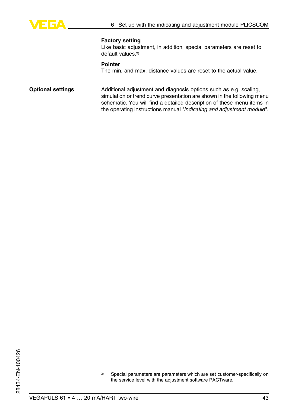 VEGA VEGAPULS 61 (≥ 2.0.0 - ≤ 3.8) 4 … 20 mA__HART two-wire User Manual | Page 43 / 72