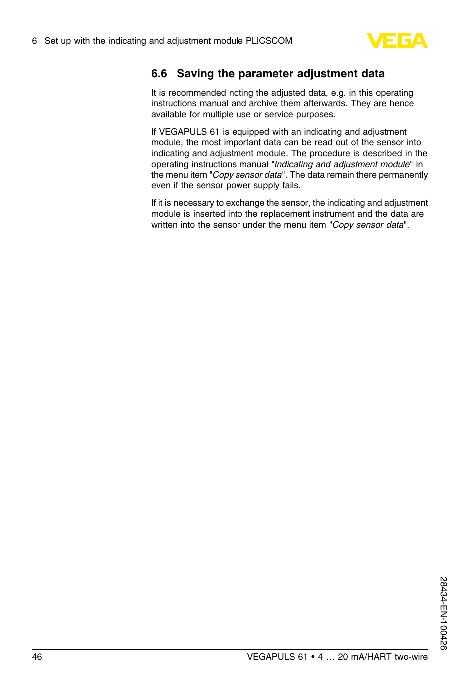 6 saving the parameter adjustment data | VEGA VEGAPULS 61 (≥ 2.0.0 - ≤ 3.8) 4 … 20 mA__HART two-wire User Manual | Page 46 / 72