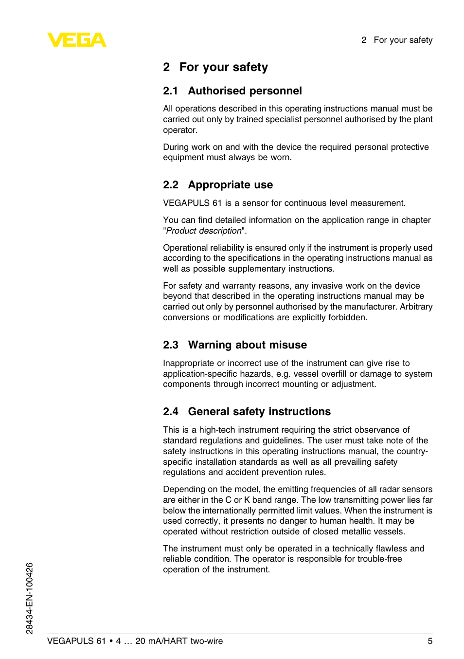 2 for your safety, 1 authorised personnel, 2 appropriate use | 3 warning about misuse, 4 general safety instructions, 2for your safety | VEGA VEGAPULS 61 (≥ 2.0.0 - ≤ 3.8) 4 … 20 mA__HART two-wire User Manual | Page 5 / 72