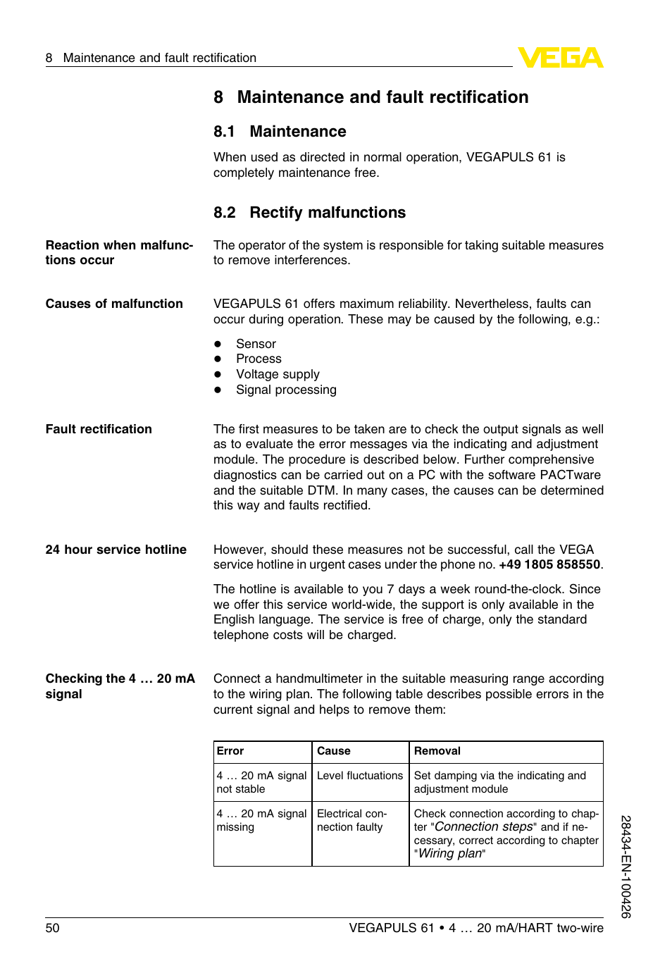 8 maintenance and fault rectification, 1 maintenance, 2 rectify malfunctions | 8maintenance and fault rectiﬁcation | VEGA VEGAPULS 61 (≥ 2.0.0 - ≤ 3.8) 4 … 20 mA__HART two-wire User Manual | Page 50 / 72