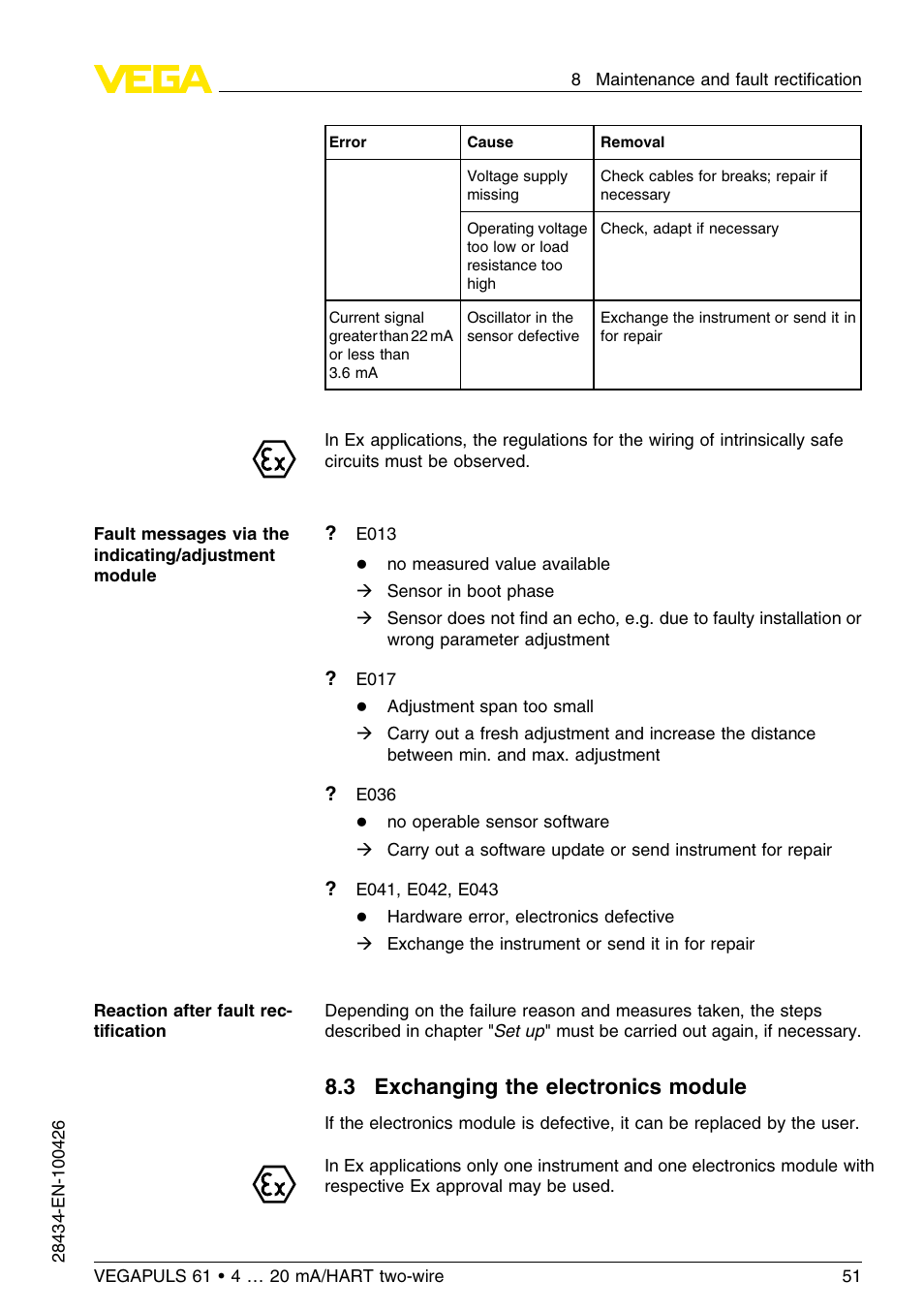 3 exchanging the electronics module | VEGA VEGAPULS 61 (≥ 2.0.0 - ≤ 3.8) 4 … 20 mA__HART two-wire User Manual | Page 51 / 72