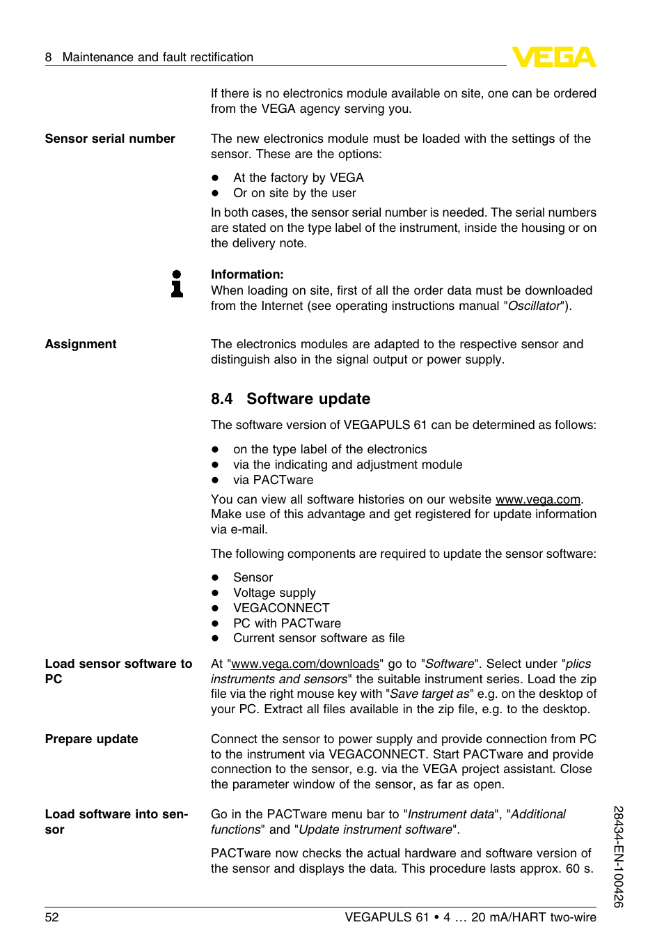 4 software update | VEGA VEGAPULS 61 (≥ 2.0.0 - ≤ 3.8) 4 … 20 mA__HART two-wire User Manual | Page 52 / 72