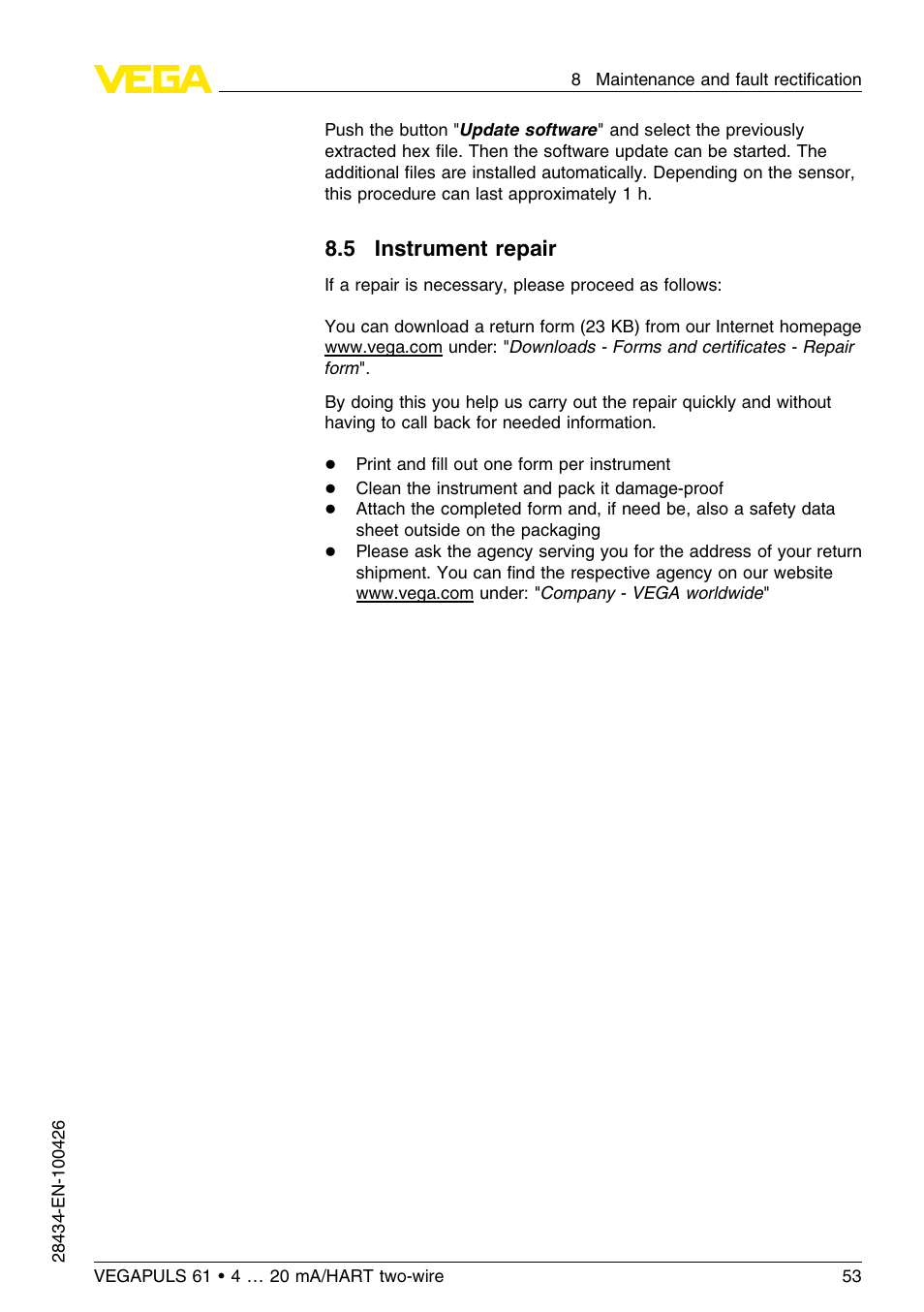 5 instrument repair | VEGA VEGAPULS 61 (≥ 2.0.0 - ≤ 3.8) 4 … 20 mA__HART two-wire User Manual | Page 53 / 72