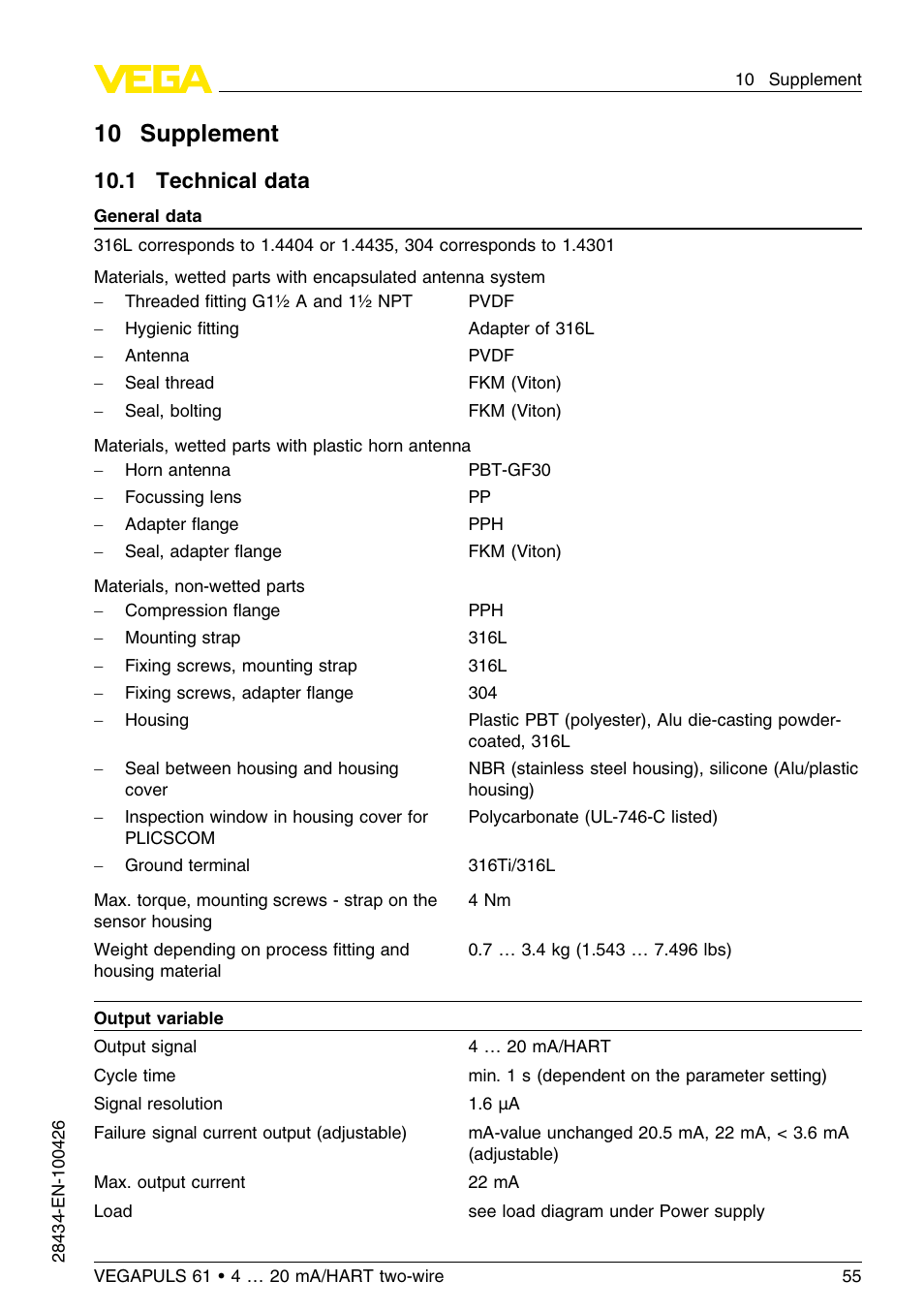 10 supplement, 1 technical data, 10 .1 technical data | VEGA VEGAPULS 61 (≥ 2.0.0 - ≤ 3.8) 4 … 20 mA__HART two-wire User Manual | Page 55 / 72